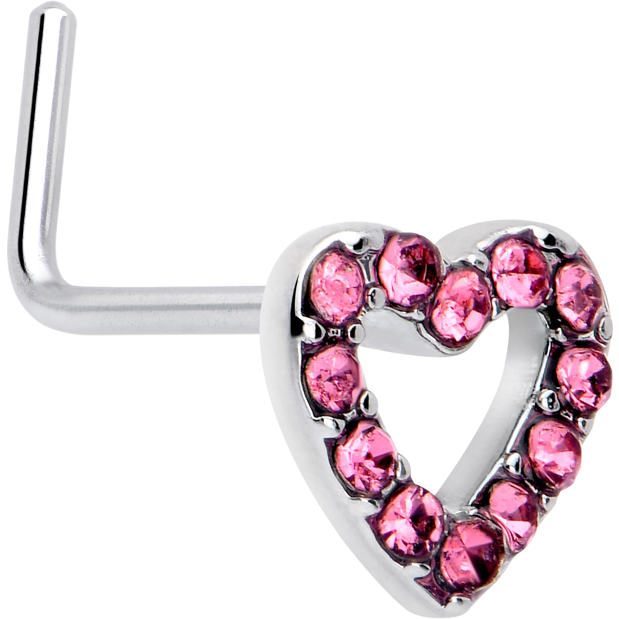 20 gauge pink gem heart-shaped L nose ring