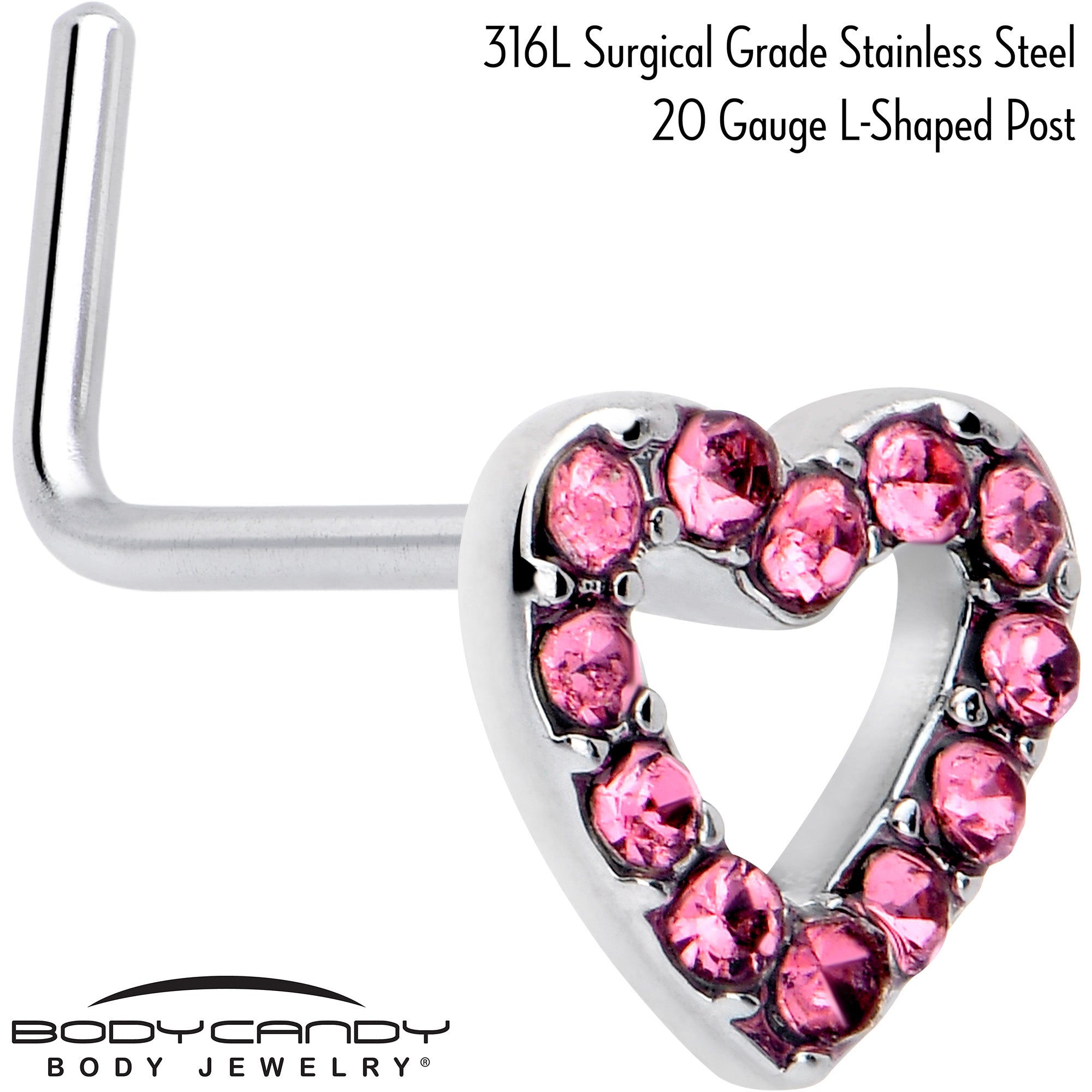 7mm pink gemstone heart nose ring in L shape