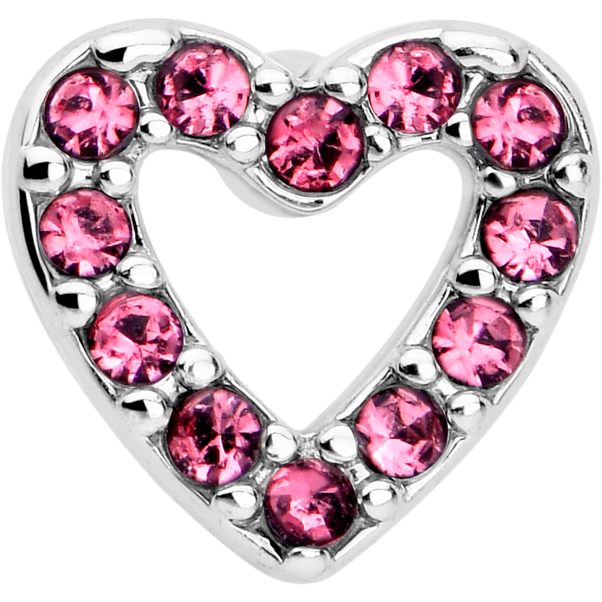 Hollow paved heart L shape nose ring with pink gem