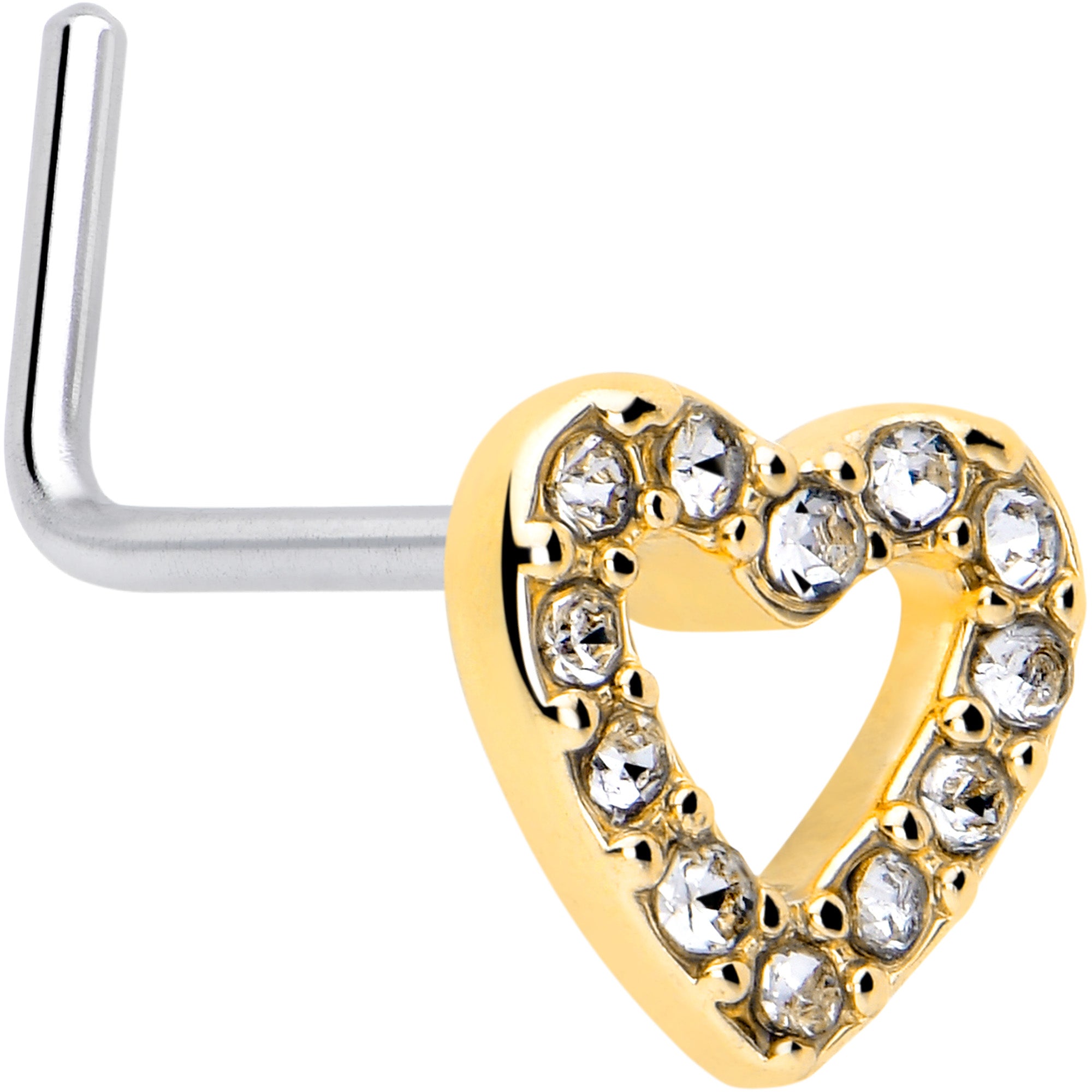 20 Gauge 7mm Clear Gem Golden Heart L Shape Nose Ring