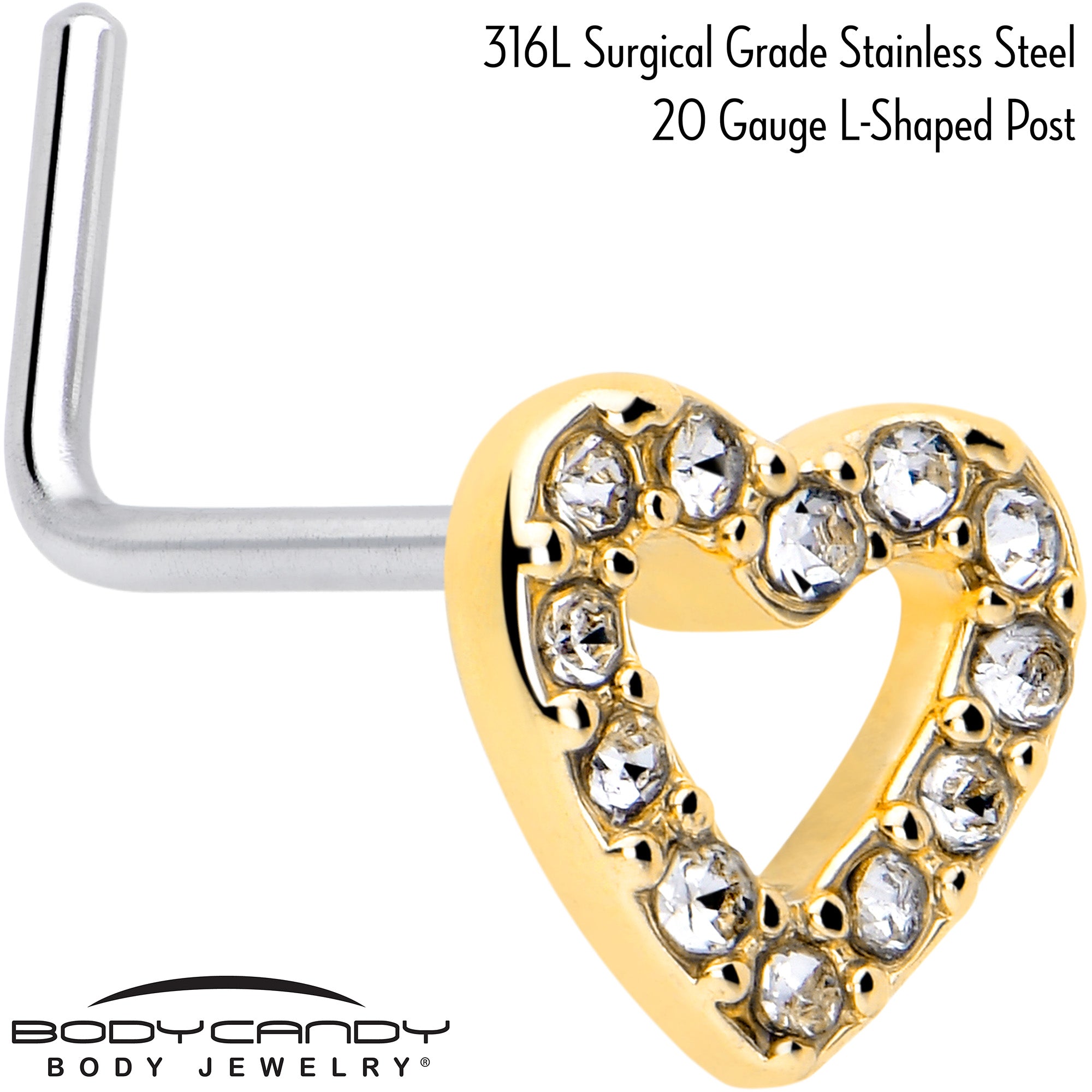 Golden Hollow Heart Nose Ring with Clear Gem, 7mm