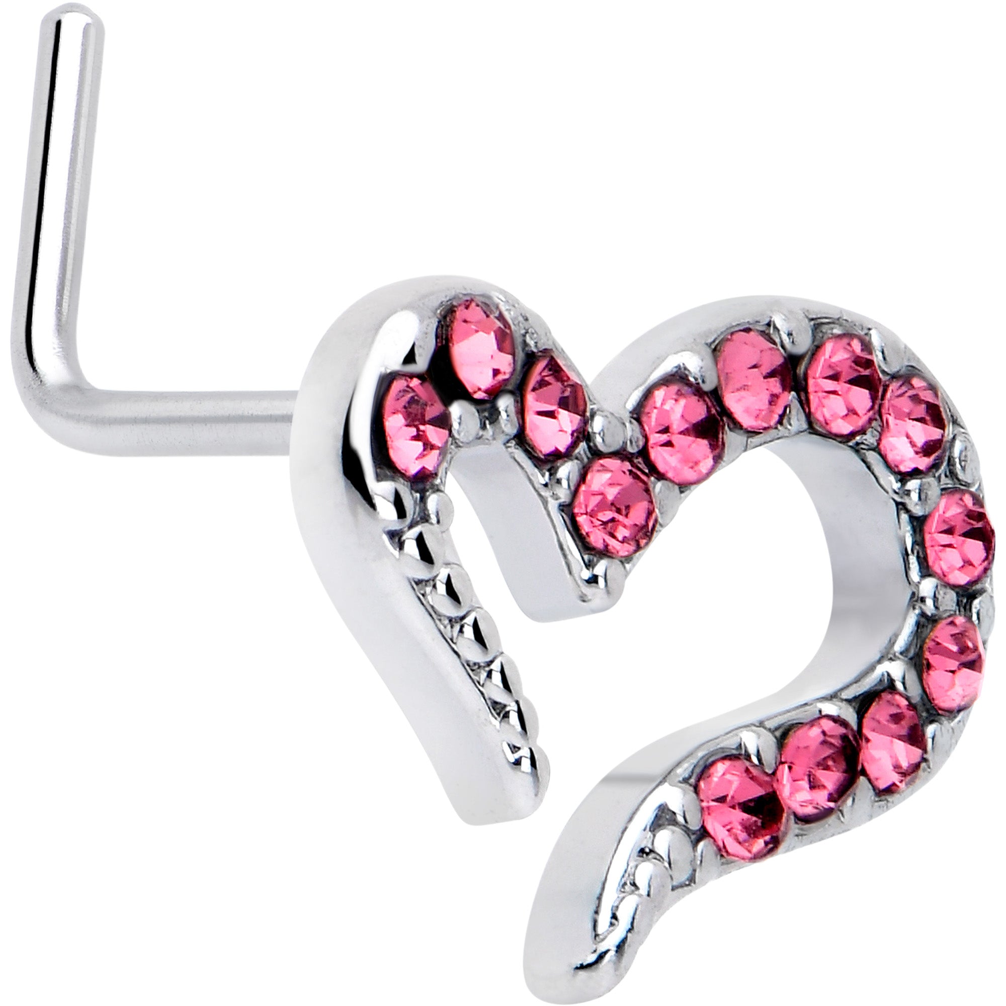 20 Gauge 7mm Pink Gem Heart L Shape Nose Ring