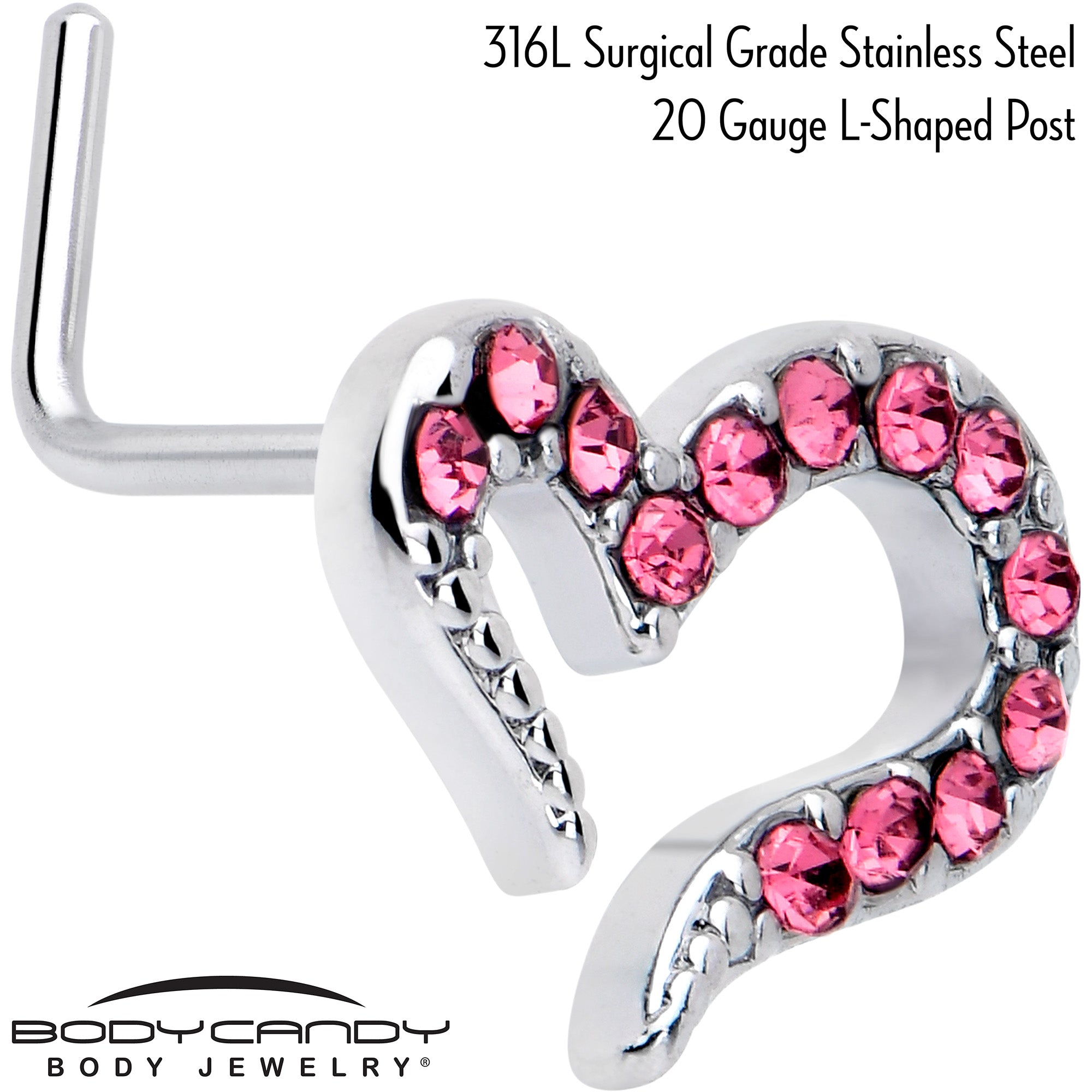 Stylized Heart L Shape Nose Ring with Pink Gem