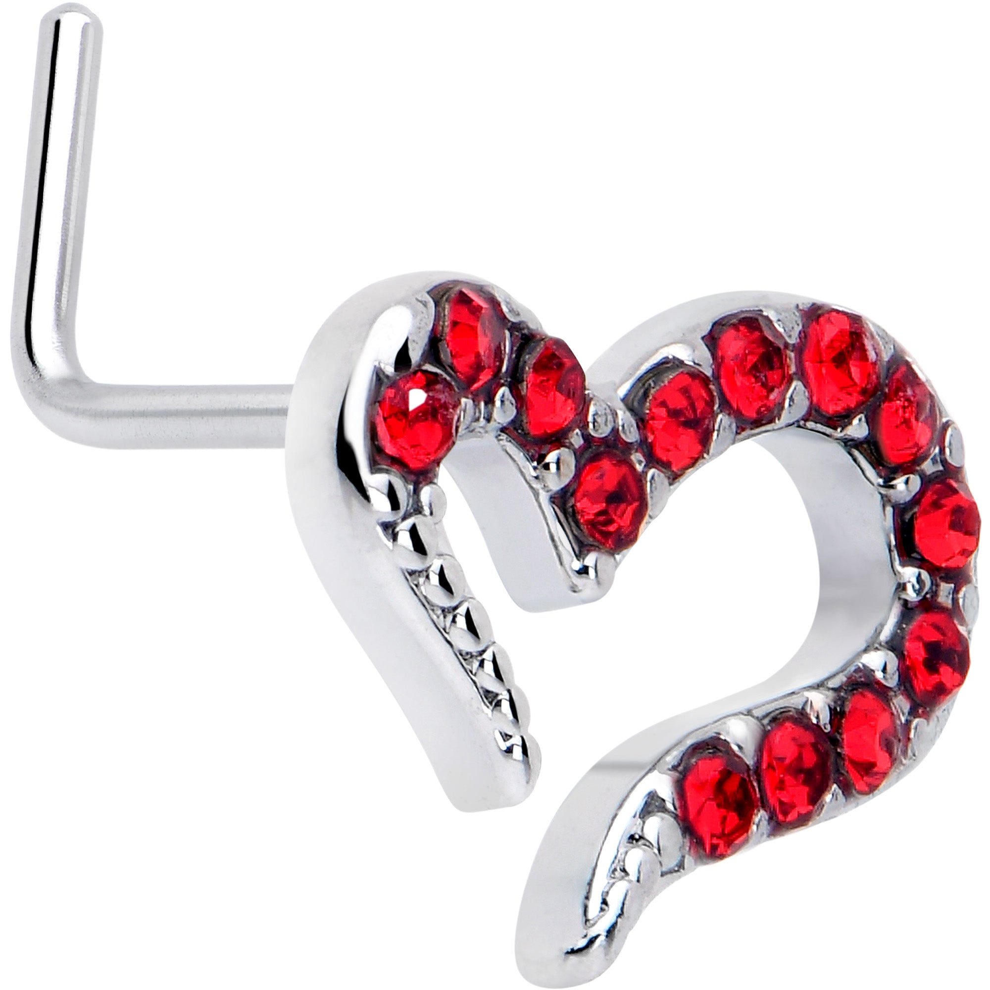 20 Gauge 7mm Red Gem Heart Nose Ring L Shape