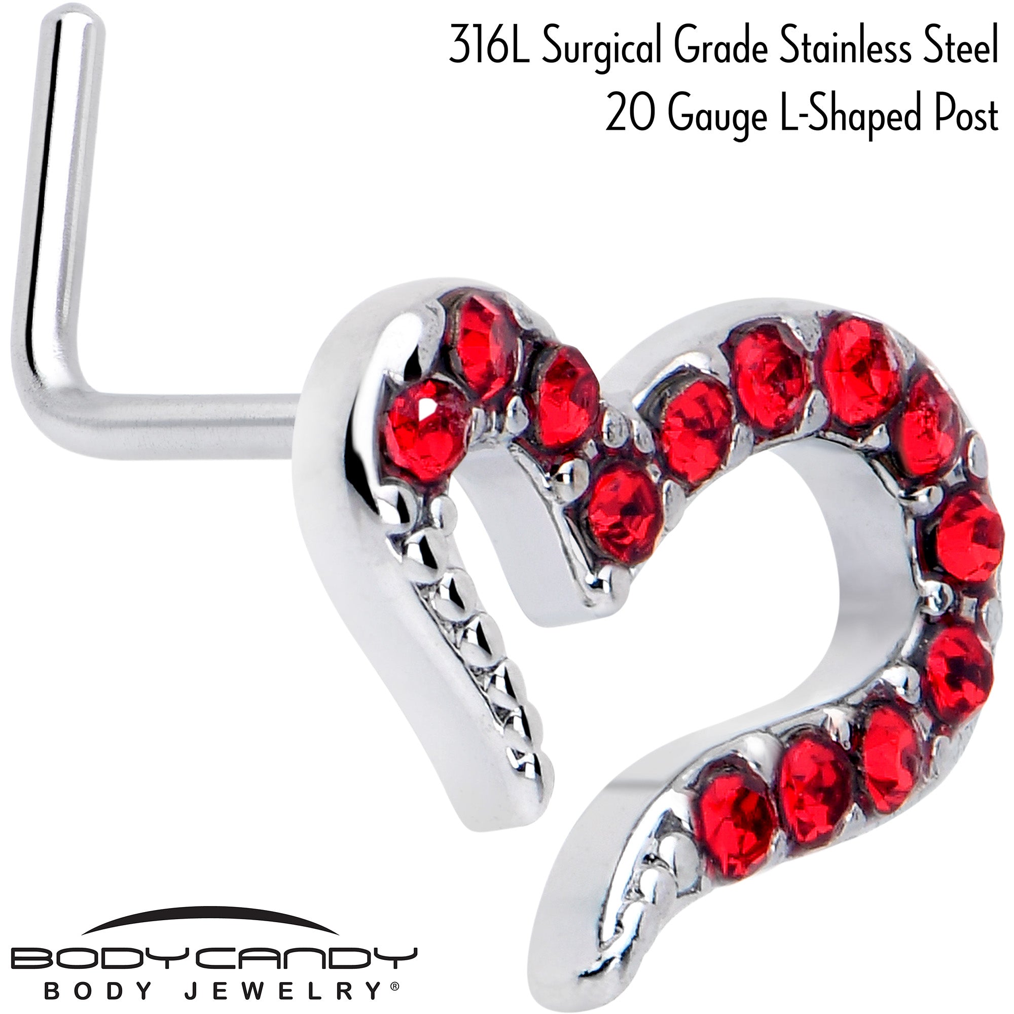 Stylized Heart 7mm Red Gem Nose Ring 20 Gauge