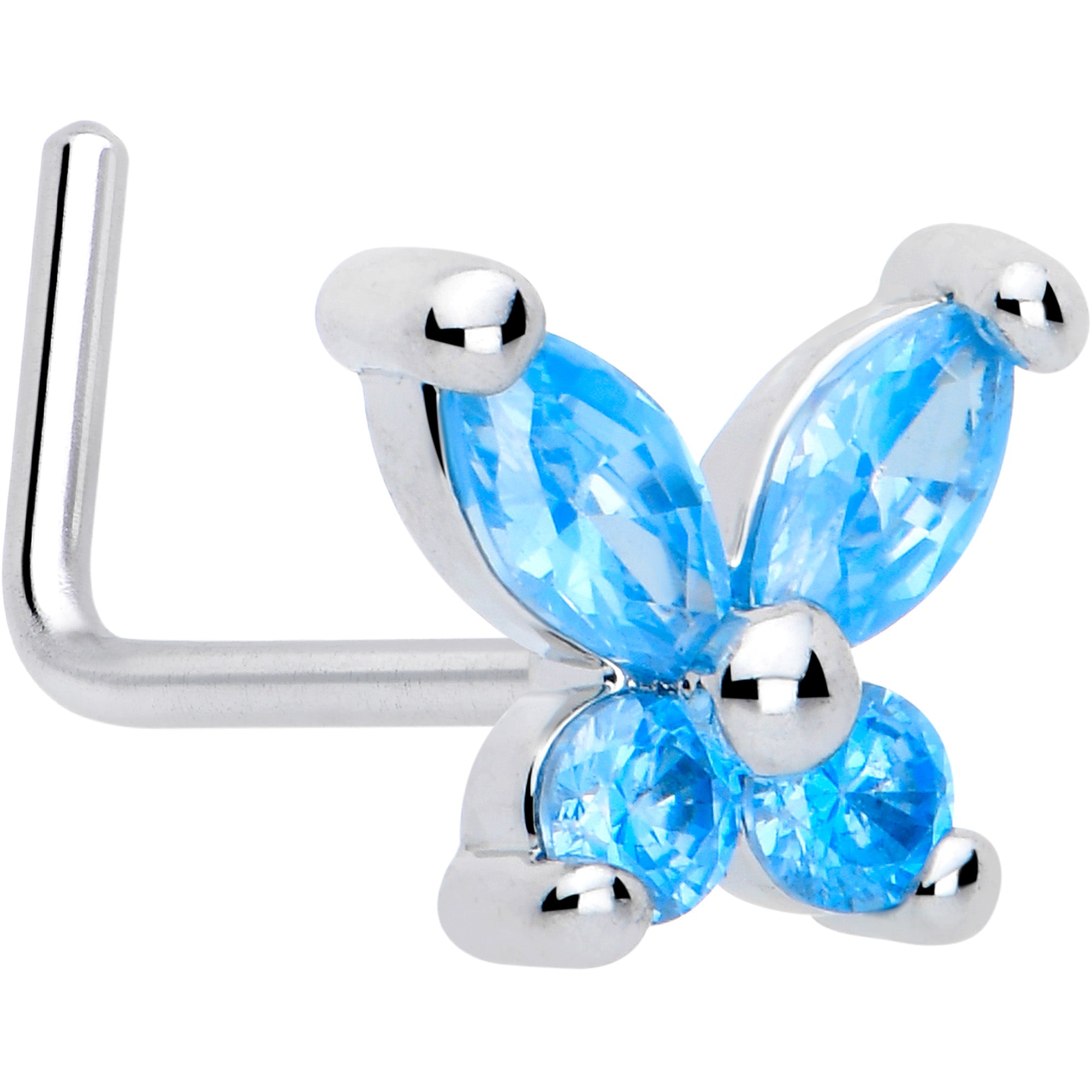 20 gauge blue CZ gem butterfly nose ring