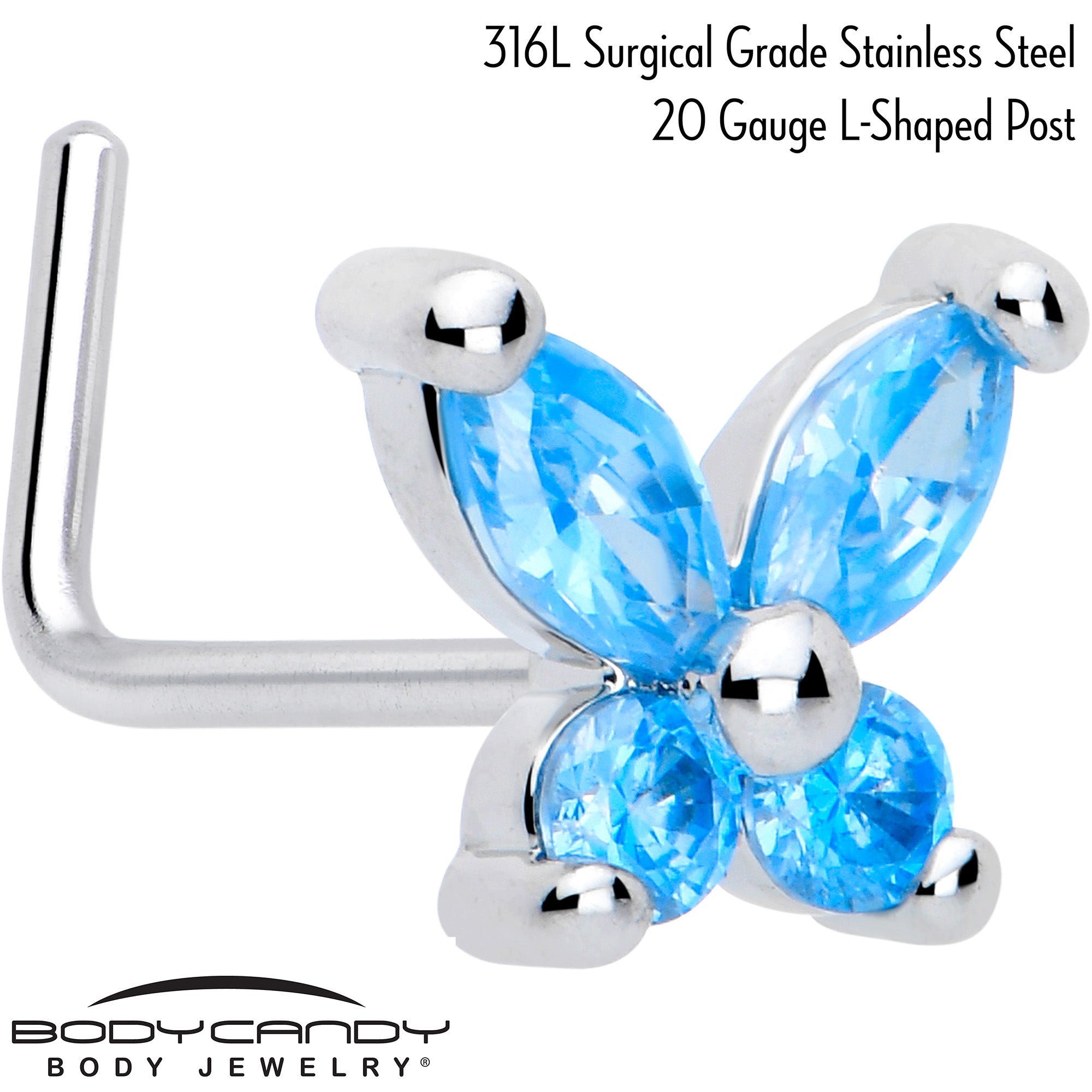 7mm blue CZ butterfly L shape nose ring