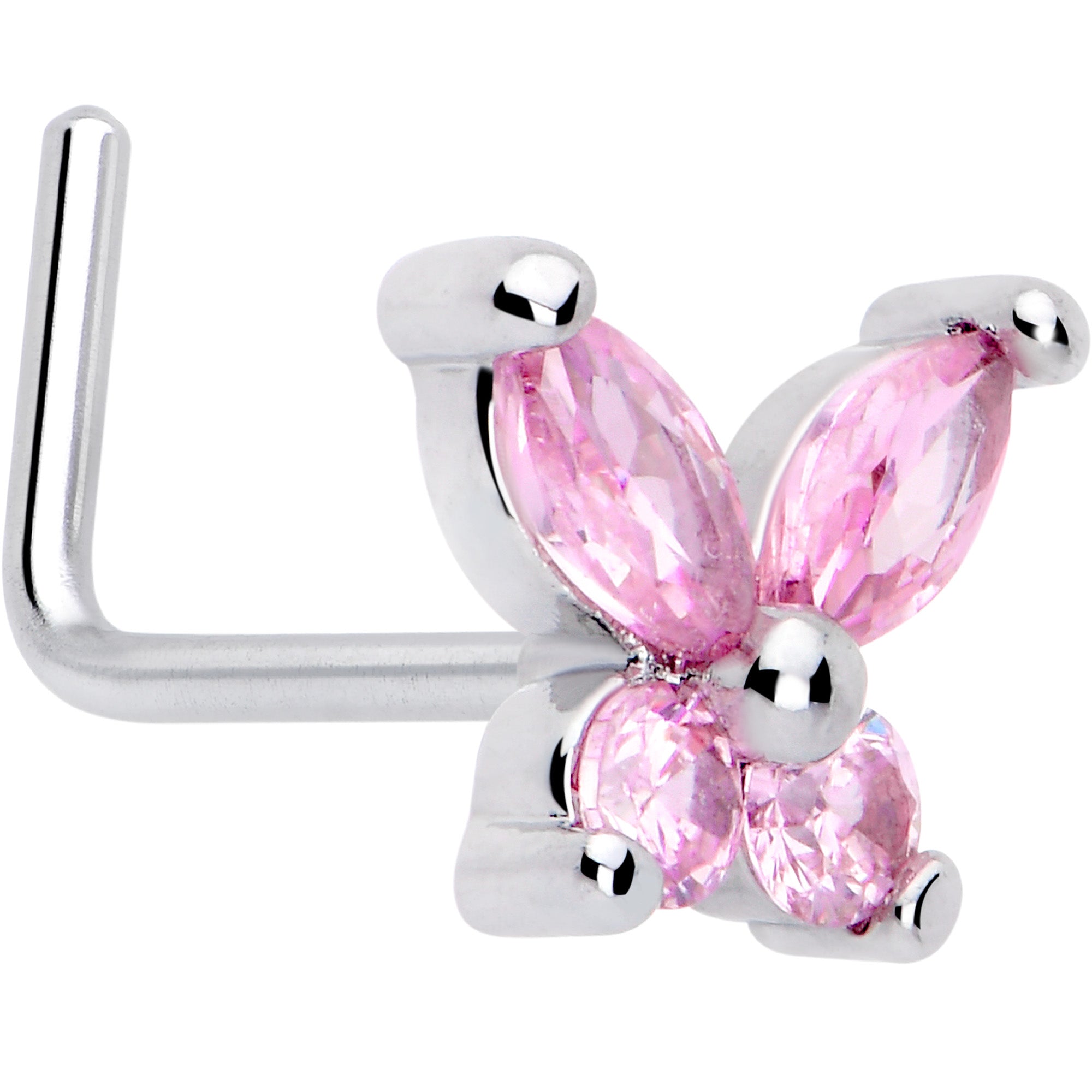 Pink CZ Gem Butterfly L Shape Nose Ring, 7mm, 20 Gauge