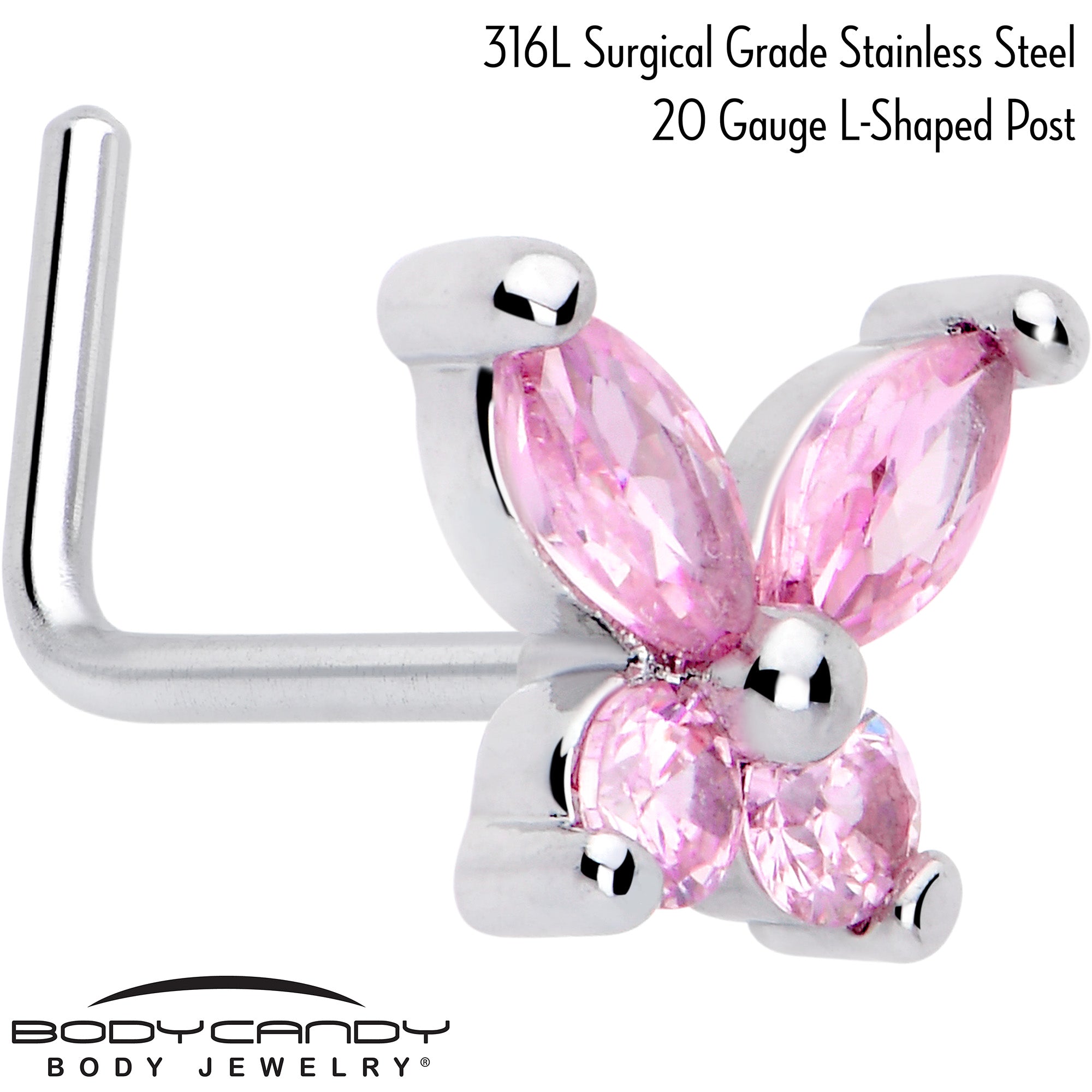 20 Gauge 7mm L Shape Nose Ring with Pink CZ Butterfly