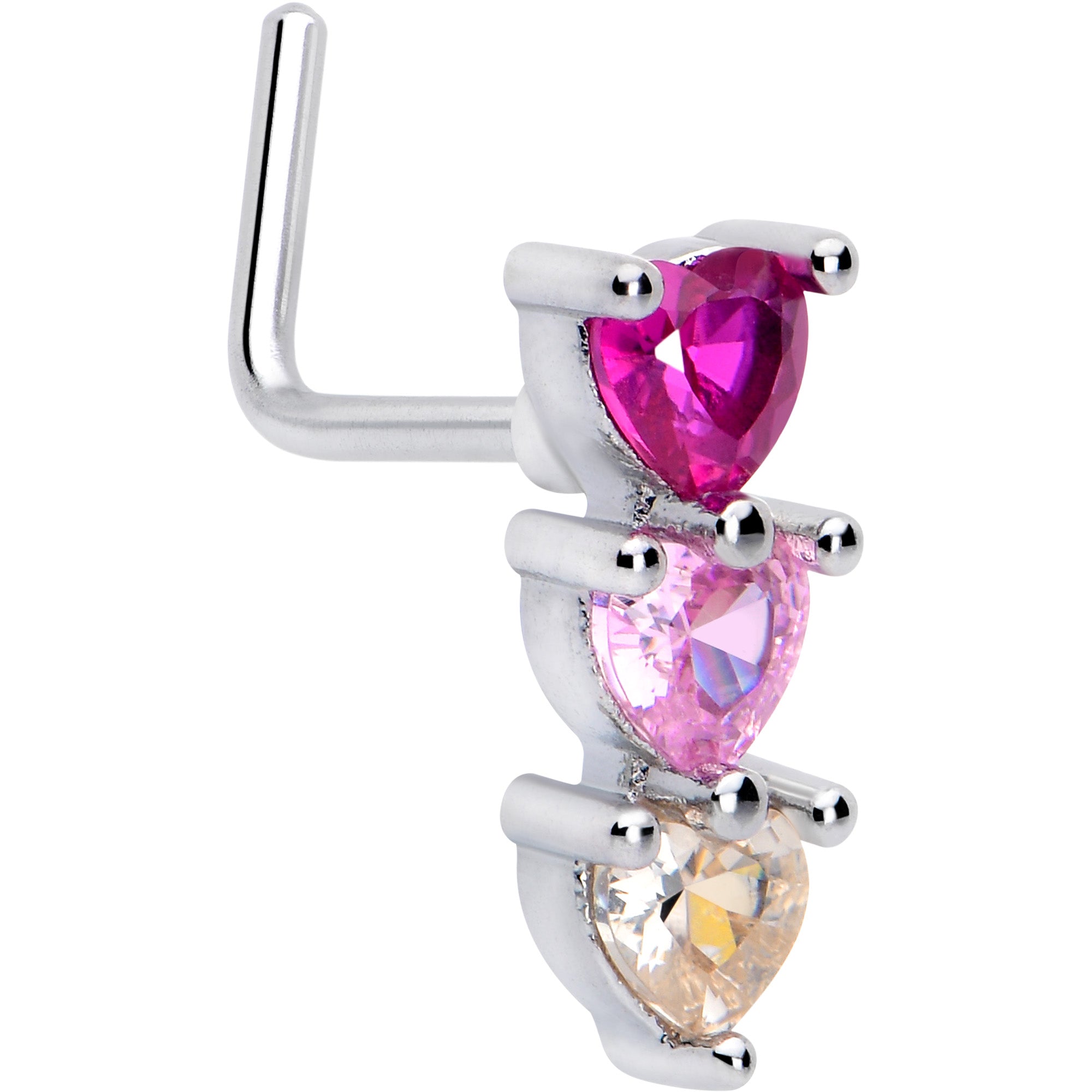 20 Gauge 7mm Red Pink CZ Gem Stacked Heart Trio L Shape Nose Ring