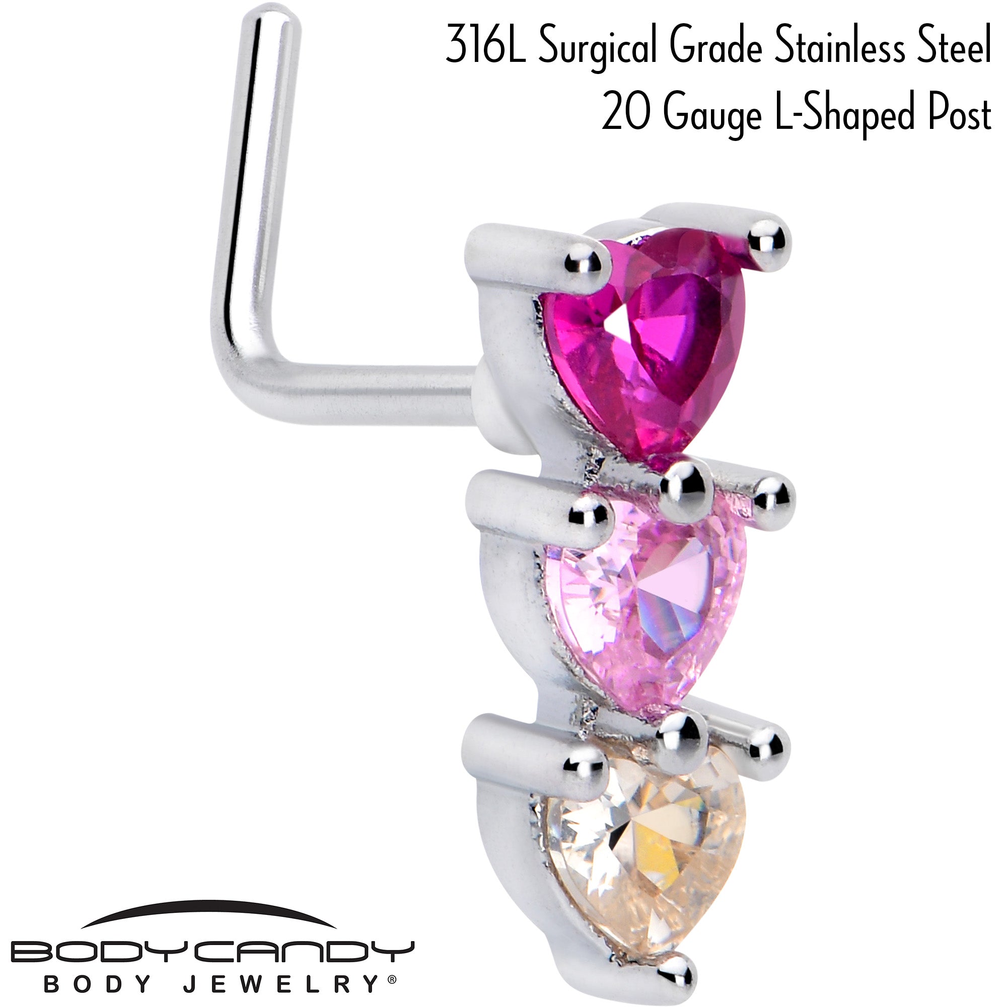 20 Gauge 7mm Red Pink CZ Gem Stacked Heart Trio L Shape Nose Ring