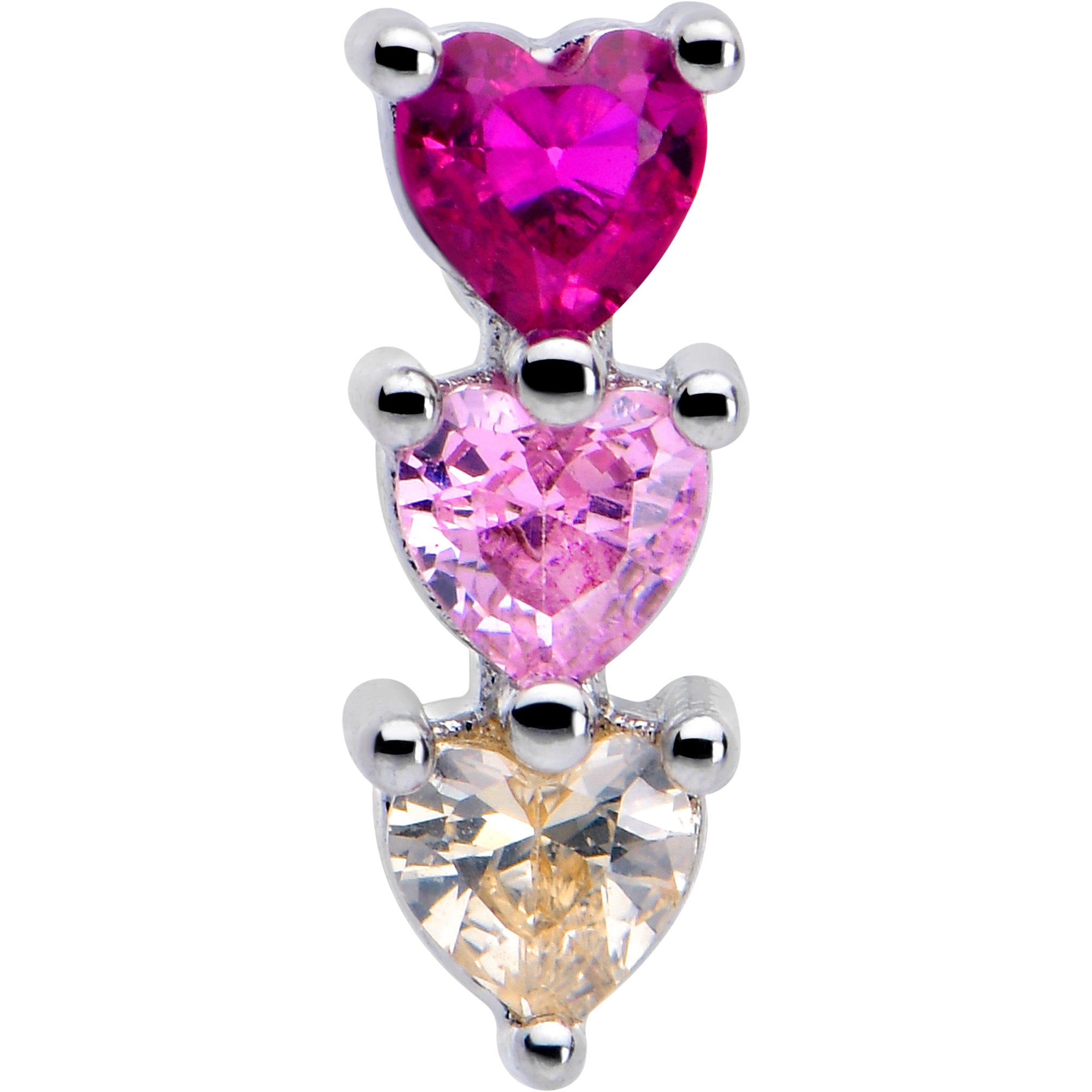 20 Gauge 7mm Red Pink CZ Gem Stacked Heart Trio L Shape Nose Ring