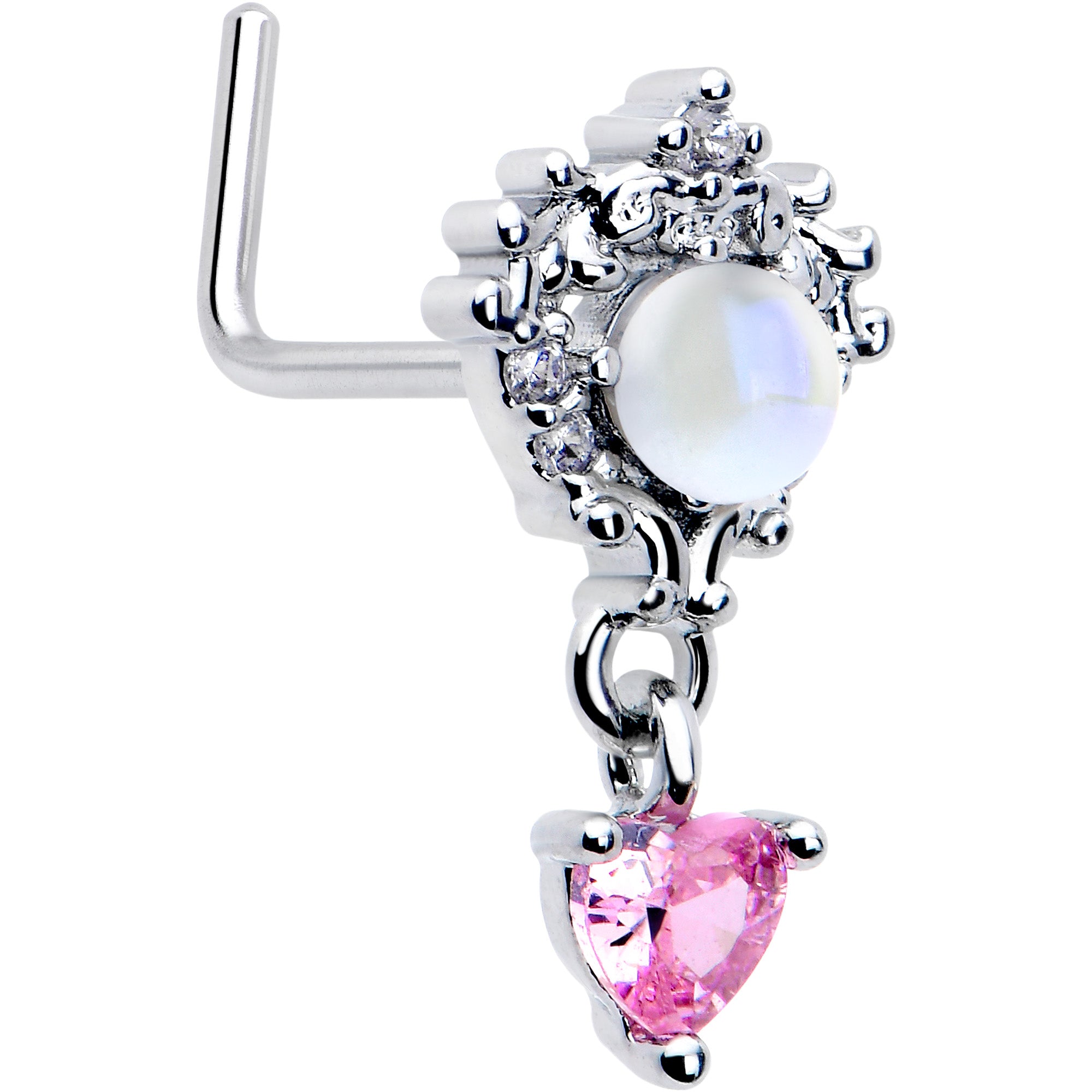 7mm Pink CZ Gem Heart Mystique Dangle L Shape Nose Ring