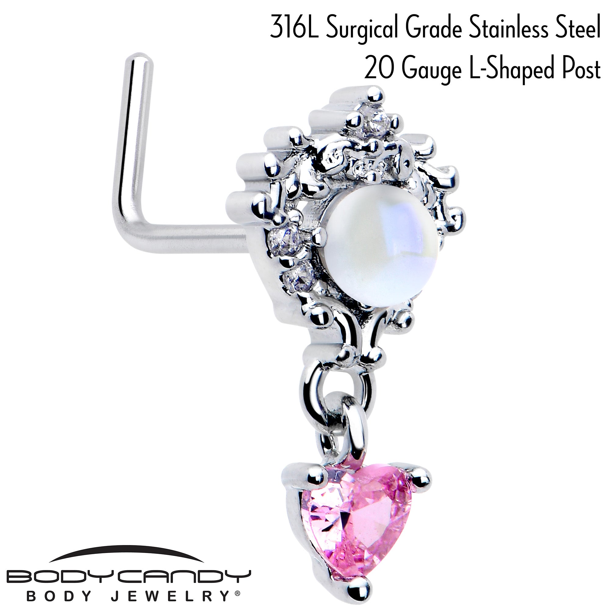 20 Gauge Pink Heart Dangle L Shape Nose Ring with CZ Gem