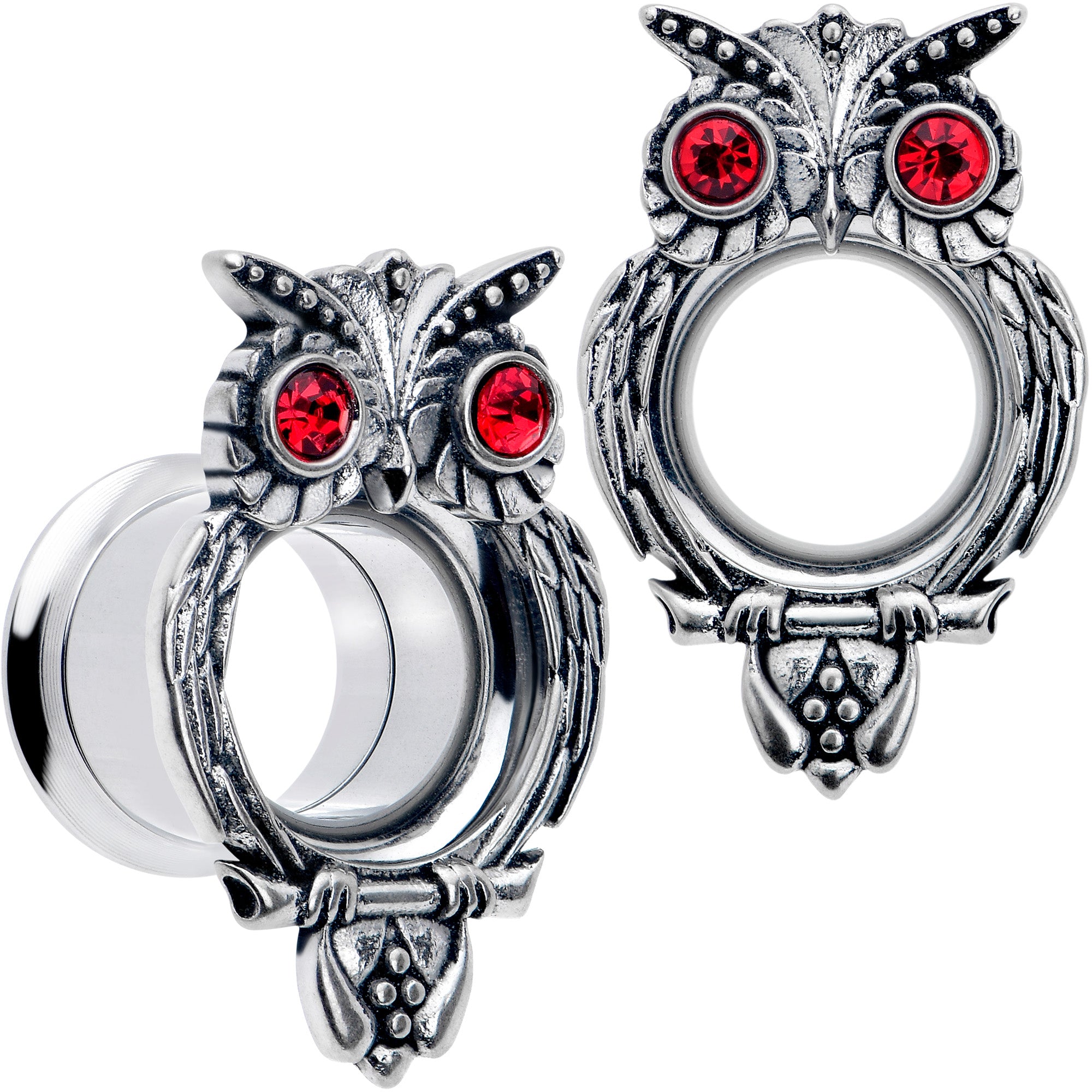 Red CZ Gem Wise Owl Screw Fit Tunnel Plug Set Available Sizes 6mm to 16mm