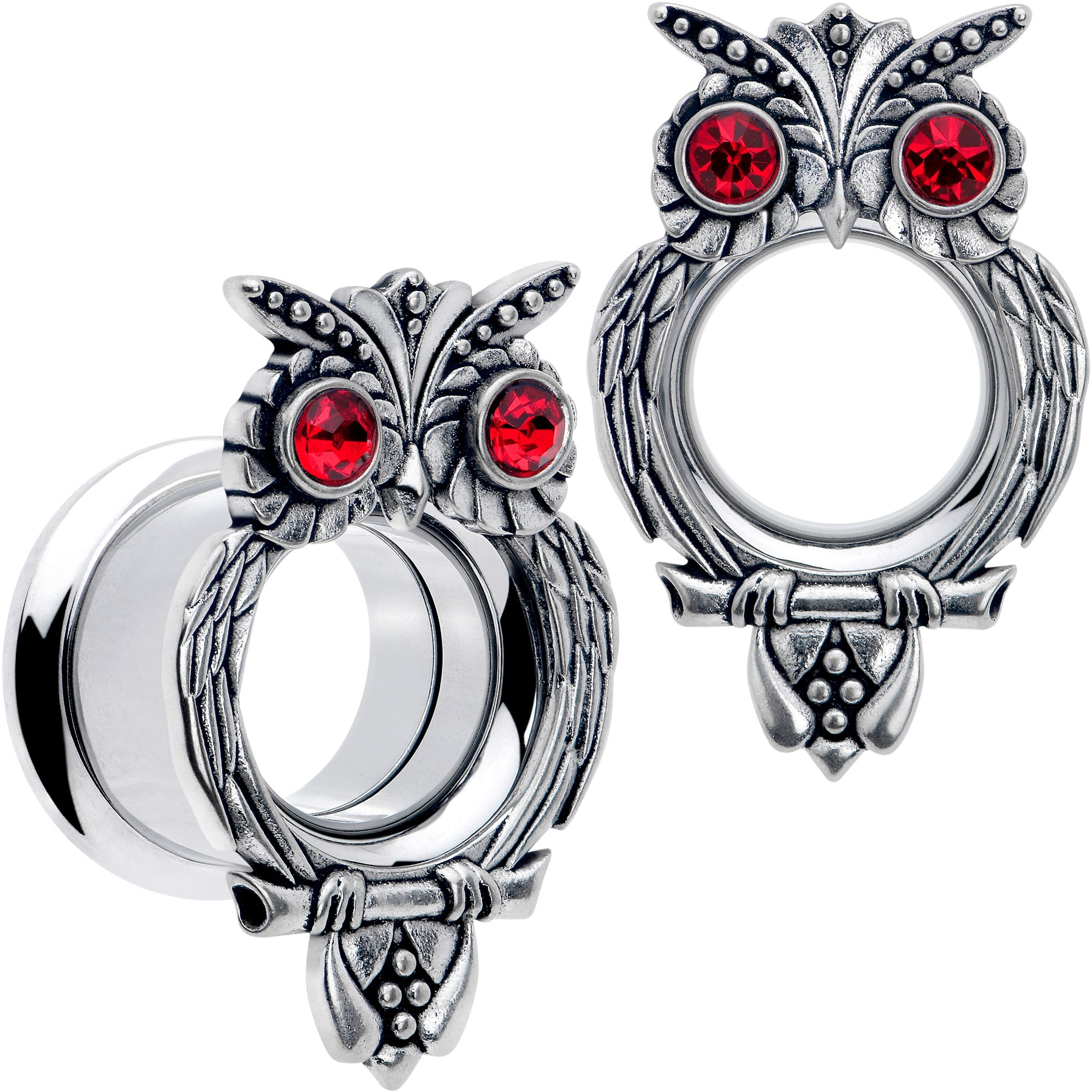 Red CZ Gem Wise Owl Screw Fit Tunnel Plug Set Available Sizes 6mm to 16mm