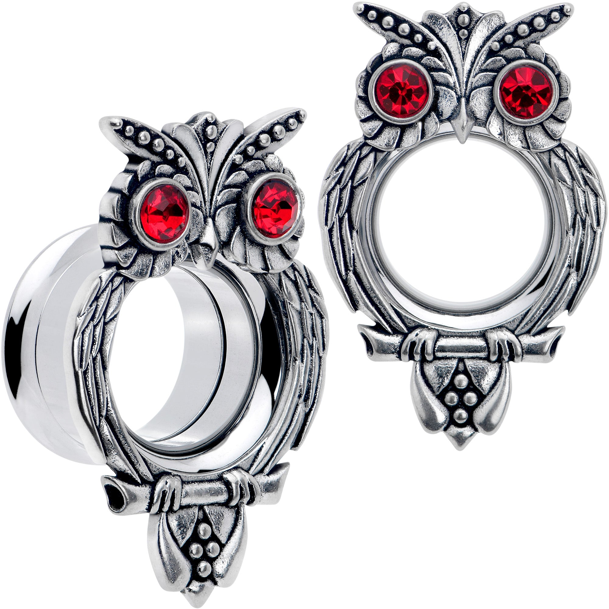 Red CZ Gem Wise Owl Screw Fit Tunnel Plug Set Available Sizes 6mm to 16mm