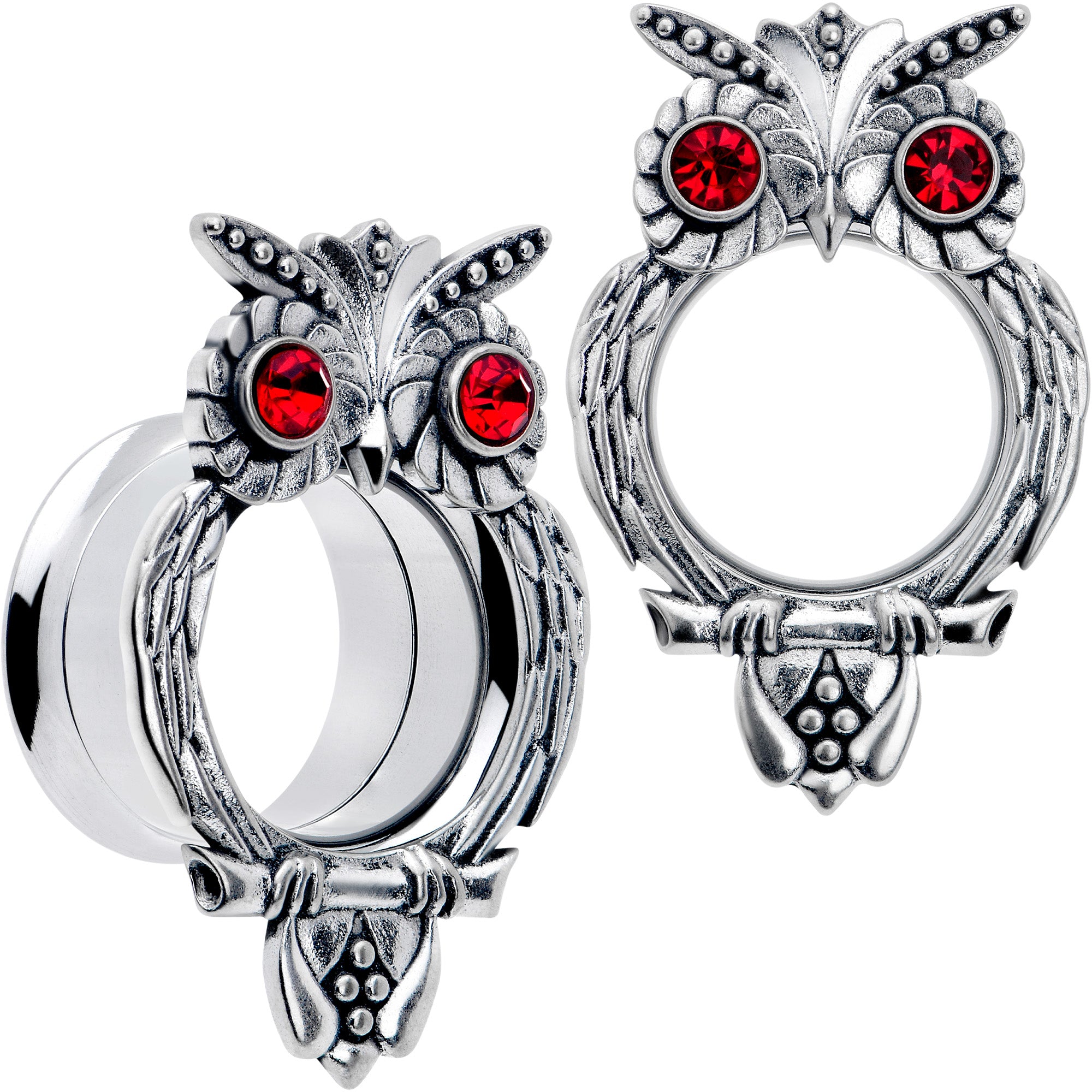 Red CZ Gem Wise Owl Screw Fit Tunnel Plug Set Available Sizes 6mm to 16mm