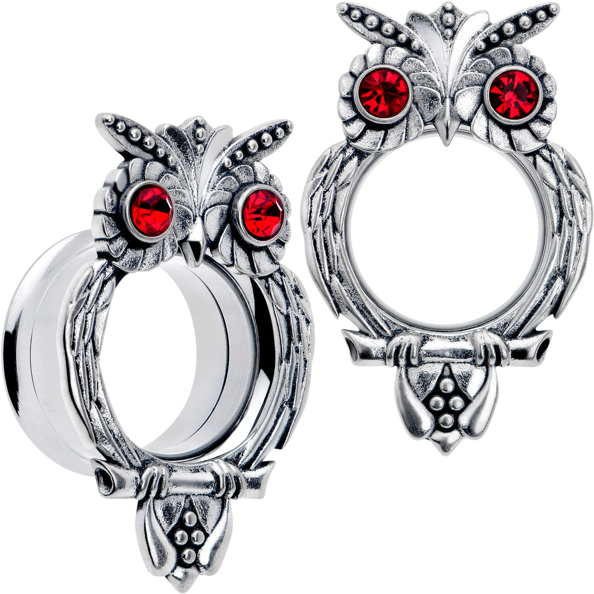 Red CZ Gem Wise Owl Screw Fit Tunnel Plug Set Available Sizes 6mm to 16mm