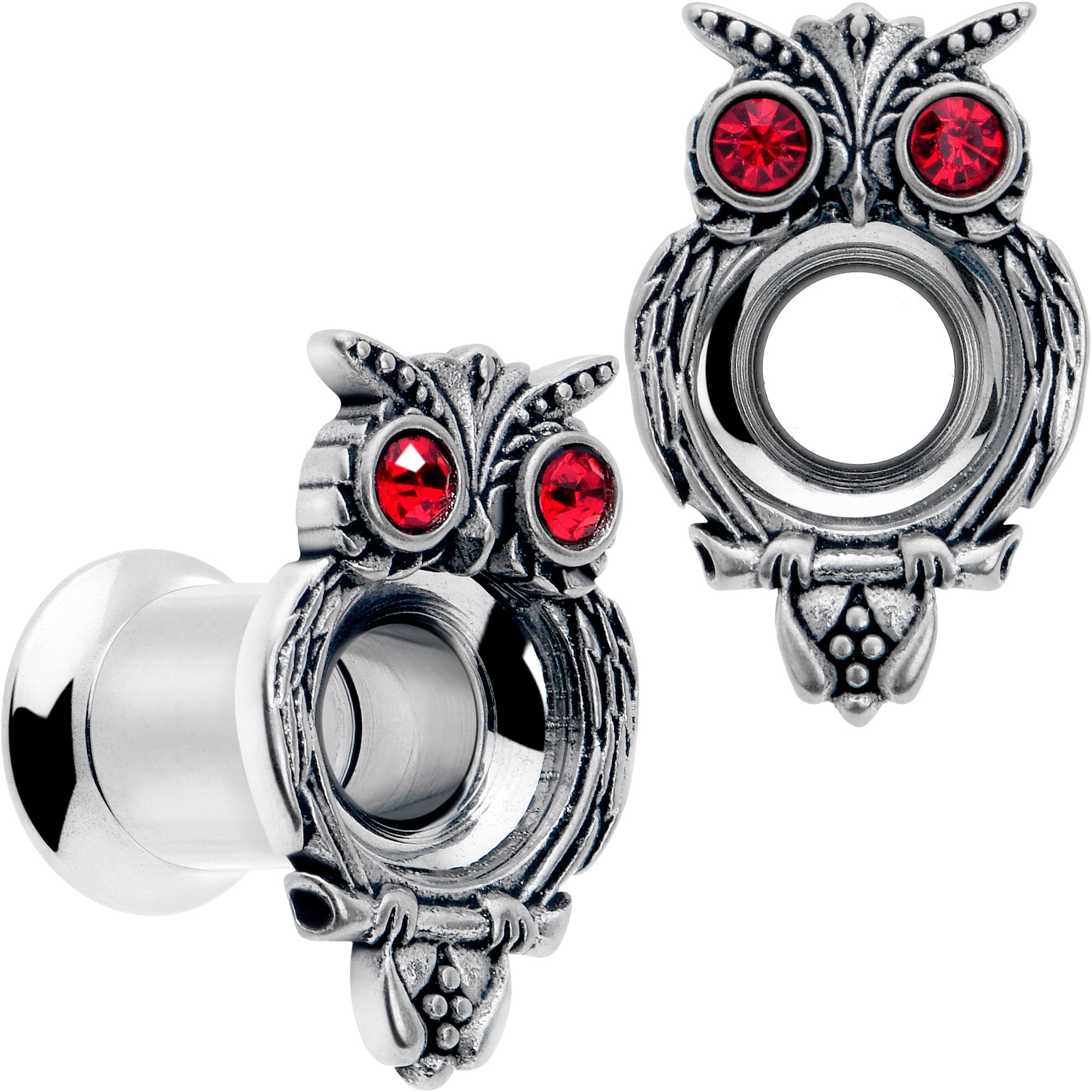 Red CZ Gem Wise Owl Screw Fit Tunnel Plug Set Available Sizes 6mm to 16mm