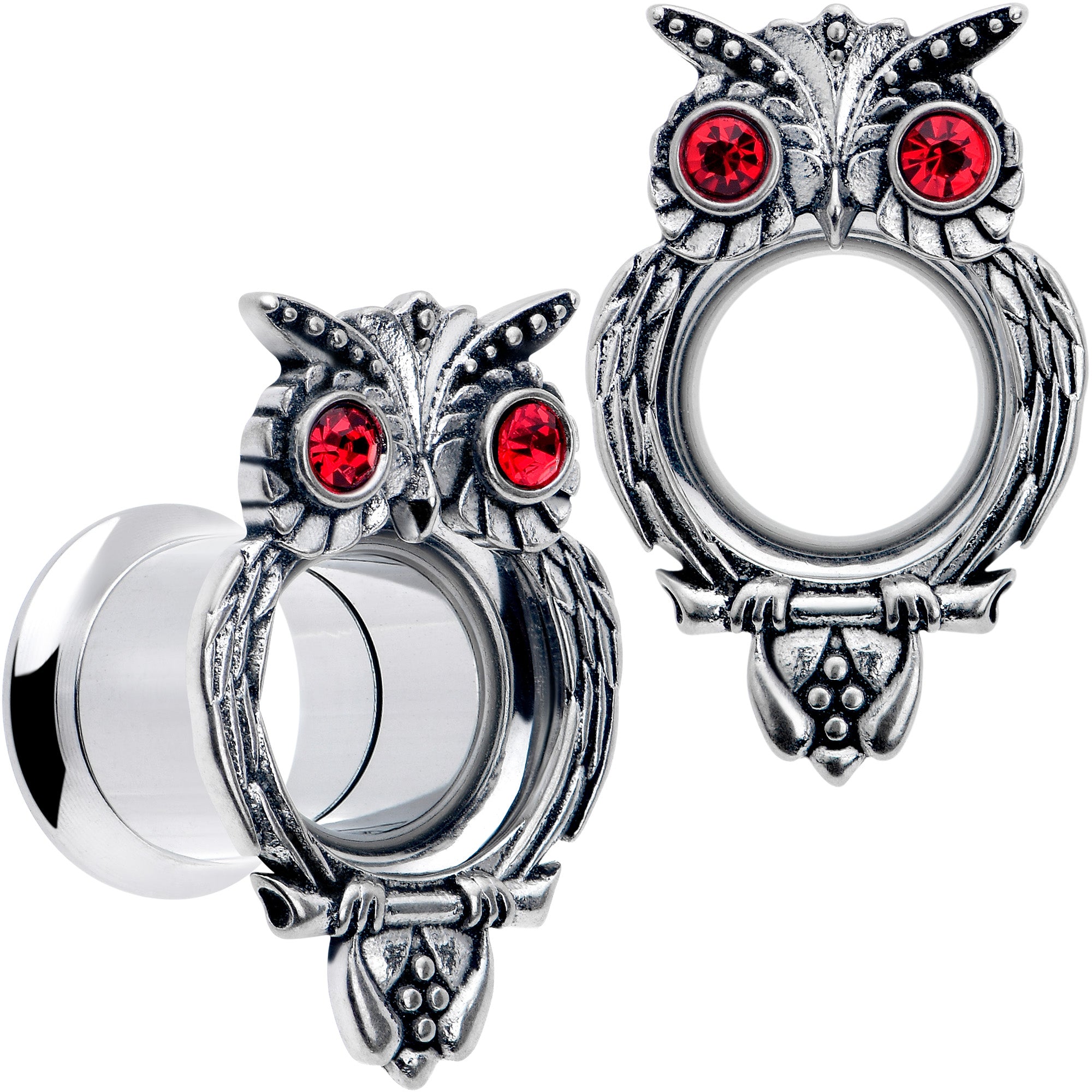 Red CZ Gem Wise Owl Screw Fit Tunnel Plug Set Available Sizes 6mm to 16mm