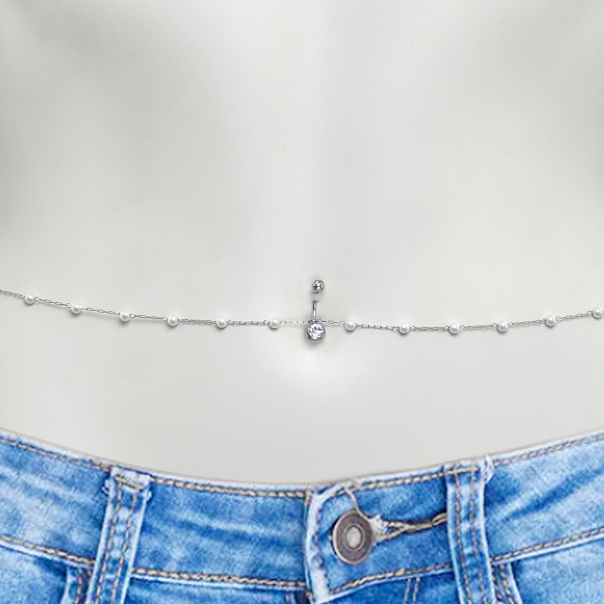 Clear CZ Gem Innocent Glam Faux Pearl Belly Ring Belly Chain