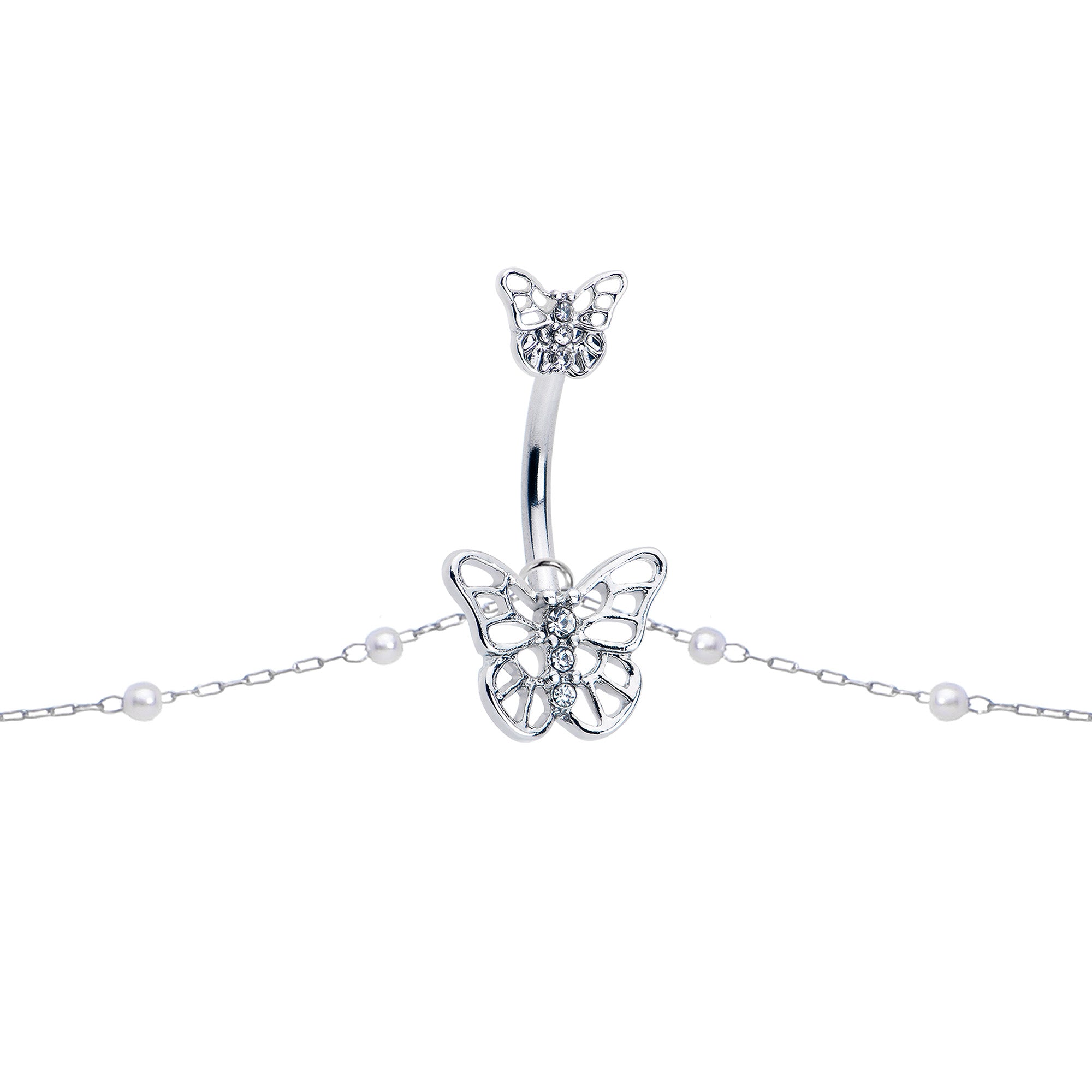 Clear CZ Gem Butterfly Faux Pearl Double Mount Belly Ring Belly Chain