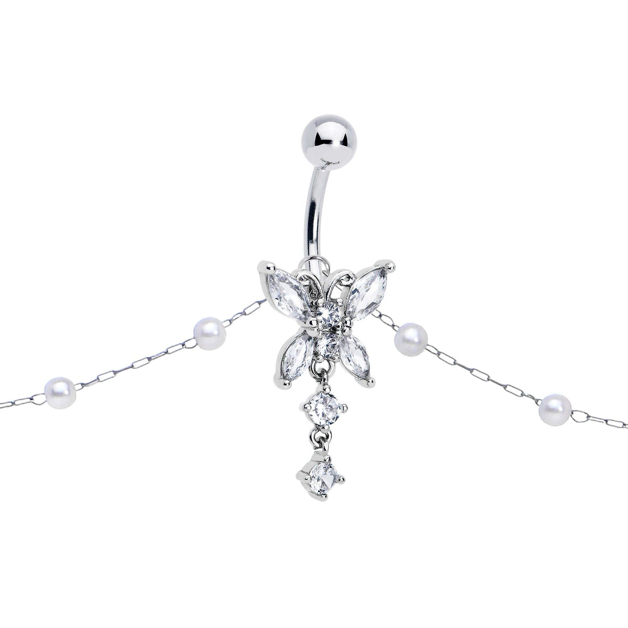 Clear CZ Gem Glam Butterfly Faux Pearl Dangle Belly Ring Belly Chain