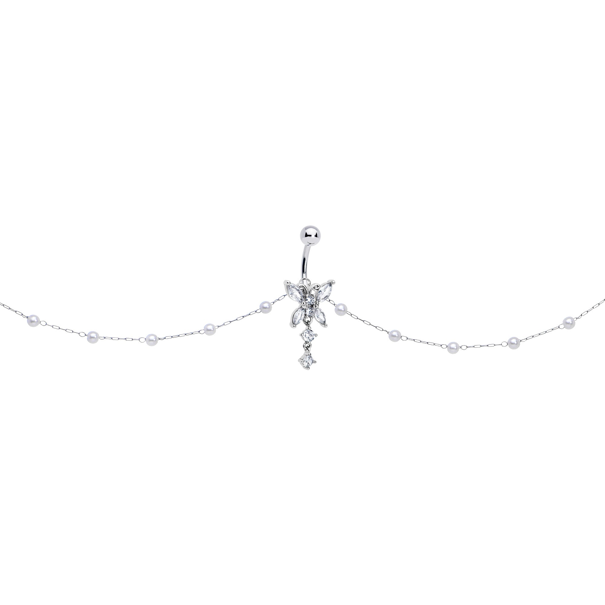 Clear CZ Gem Glam Butterfly Faux Pearl Dangle Belly Ring Belly Chain