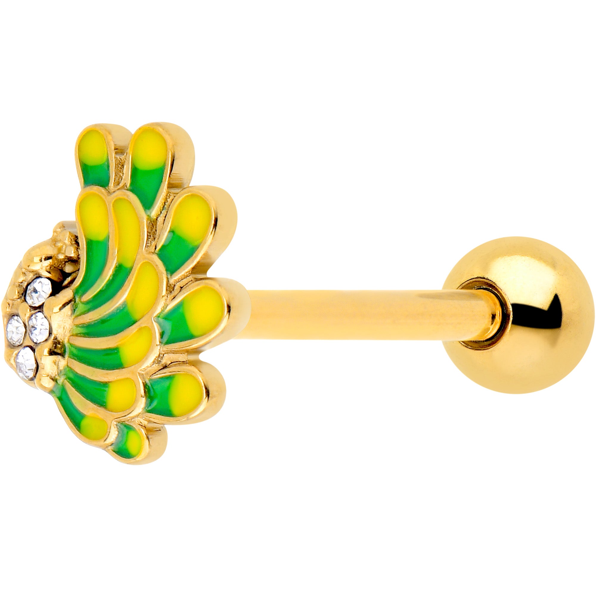 Clear Gem Gold Tone Peacock Green Yellow Barbell Tongue Ring