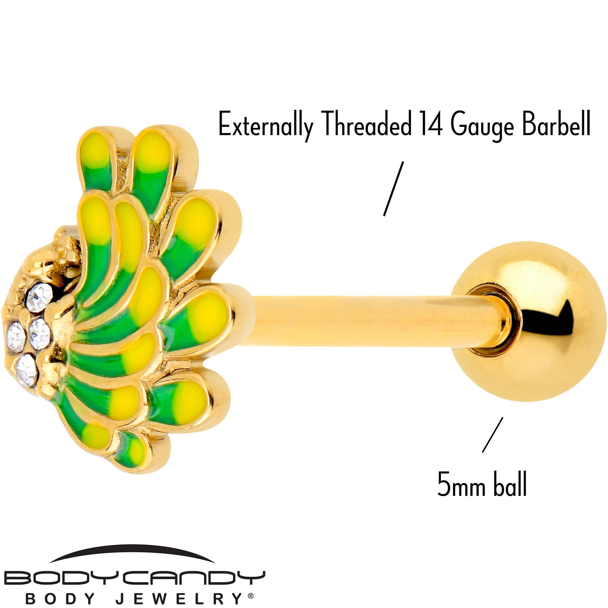 Peacock Green Yellow Tongue Ring with Clear Gem and Gold Tone Barbell