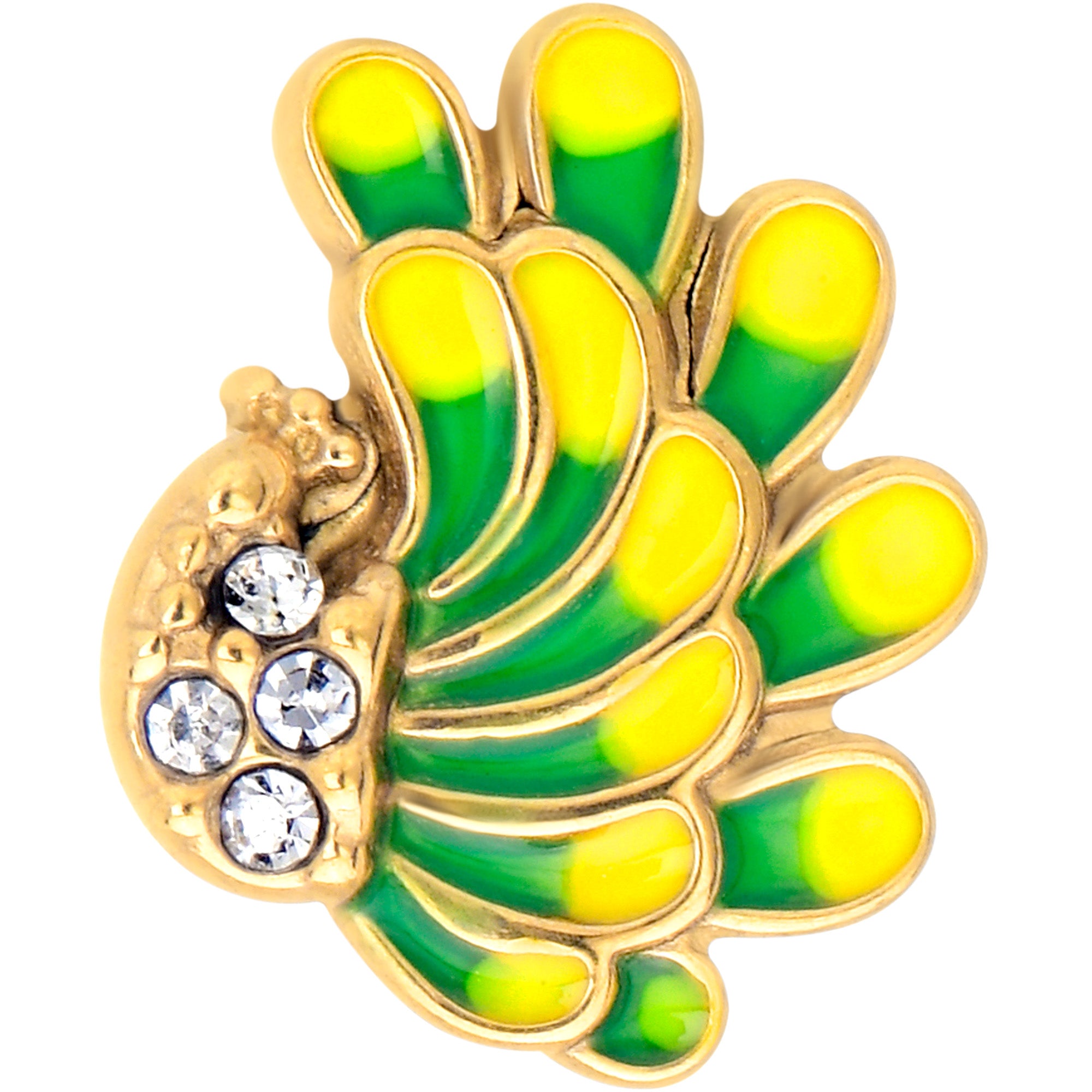 Gold Tone Barbell Tongue Ring with Peacock Green and Yellow Design