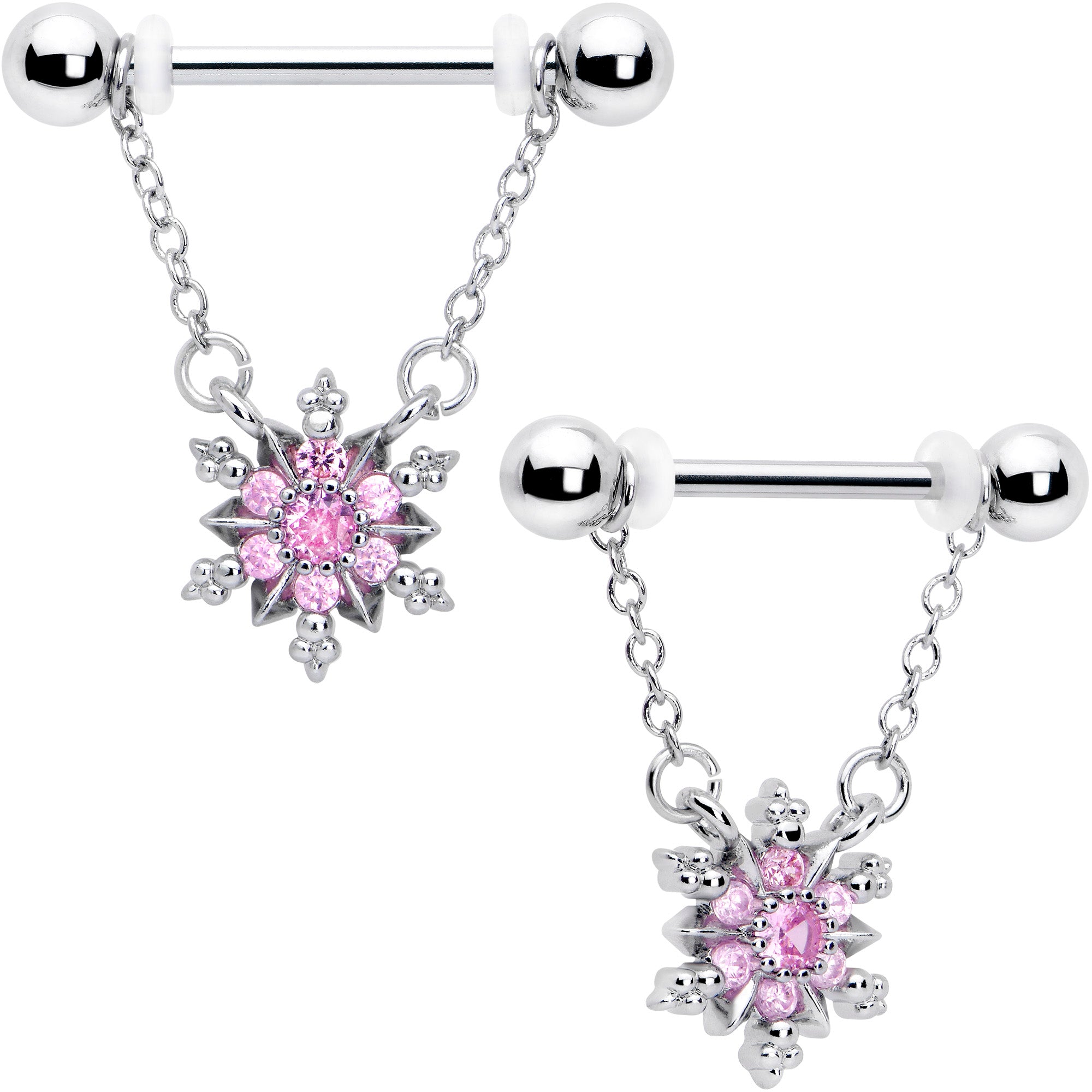 14 Gauge 9/16 Pink CZ Gem Glam Snowflake Chain Dangle Nipple Ring Set