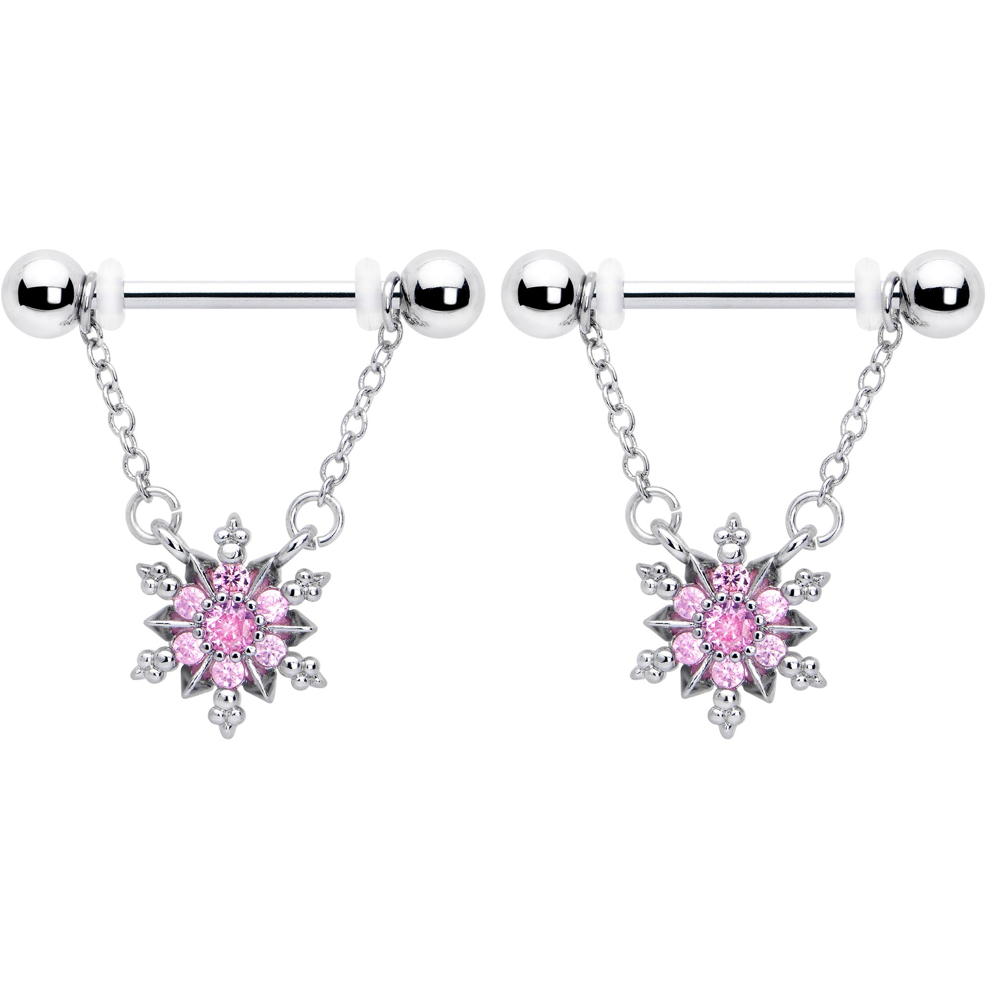 Pink CZ gem snowflake chain dangle nipple rings set