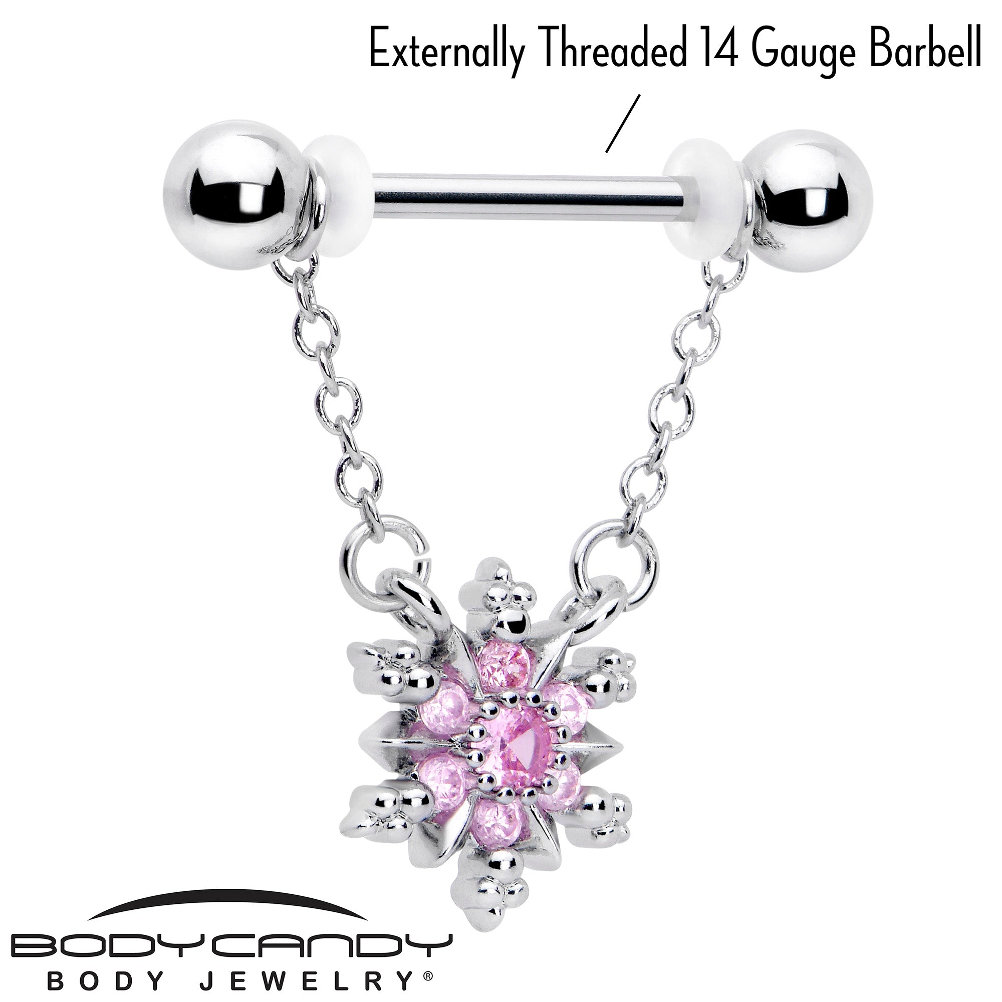 14 gauge 9/16 pink CZ snowflake nipple rings with dangle chain