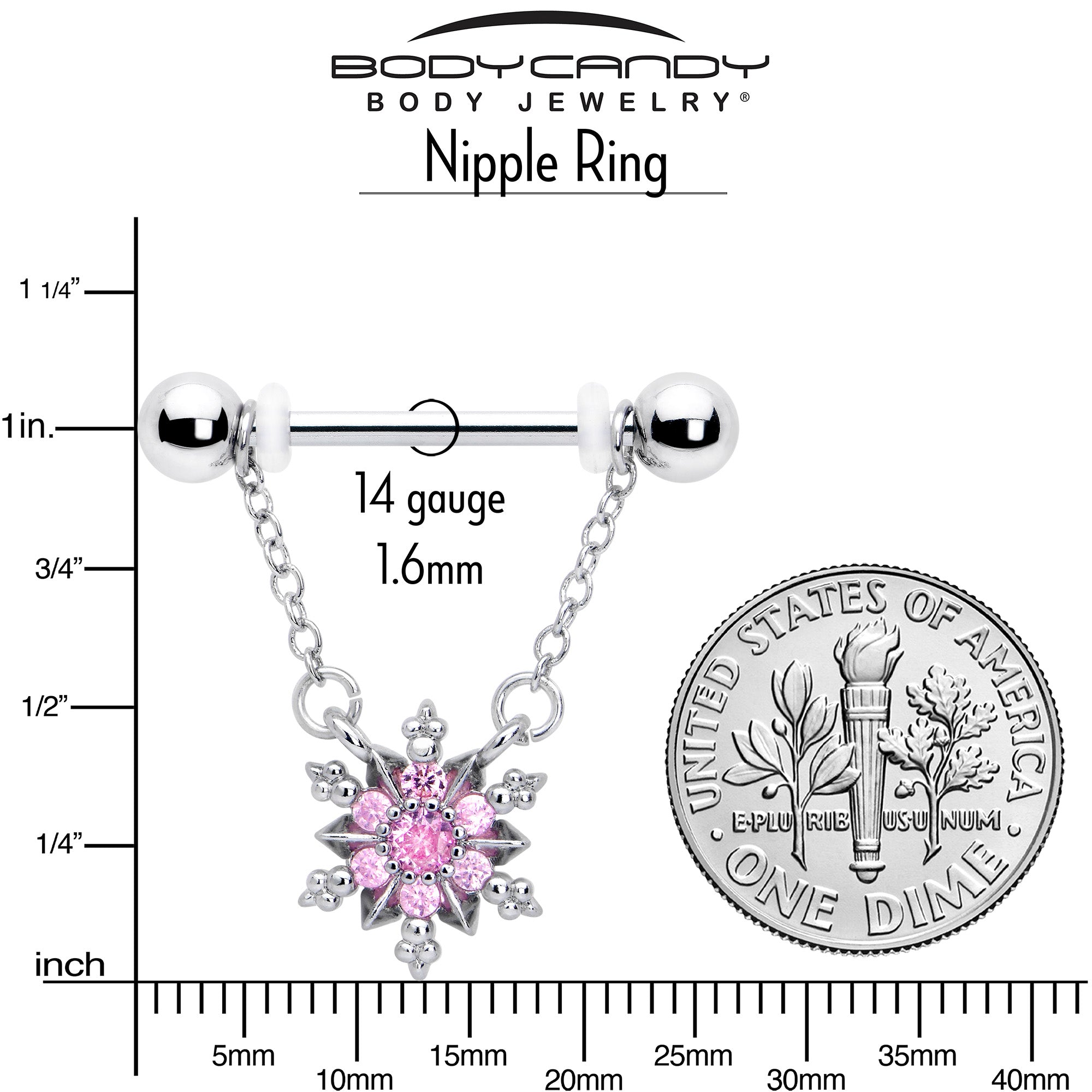 Glam pink CZ gem nipple rings with snowflake and chain design