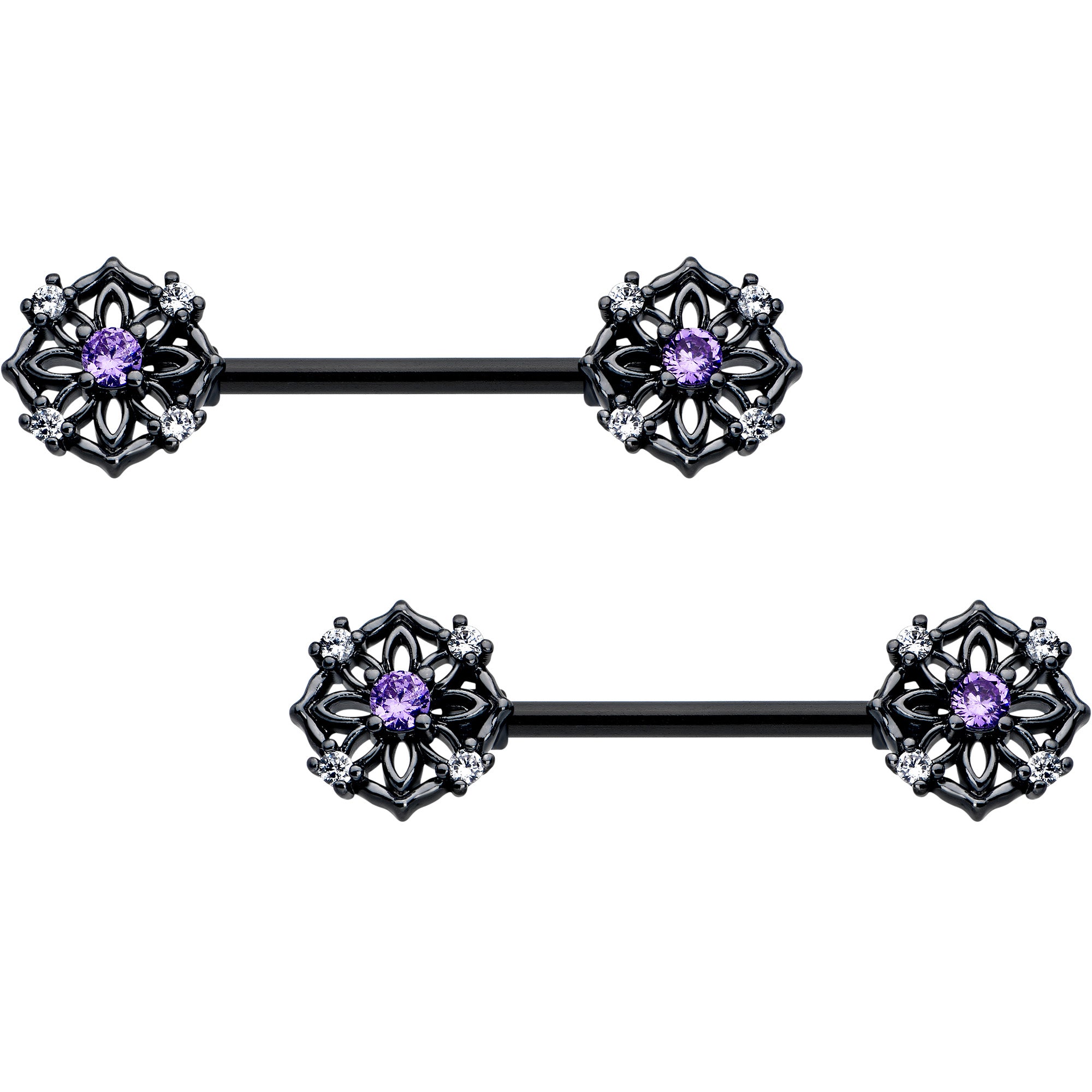 14 Gauge 9/16 Purple CZ Gem Black Flower Ring Barbell Nipple Ring Set