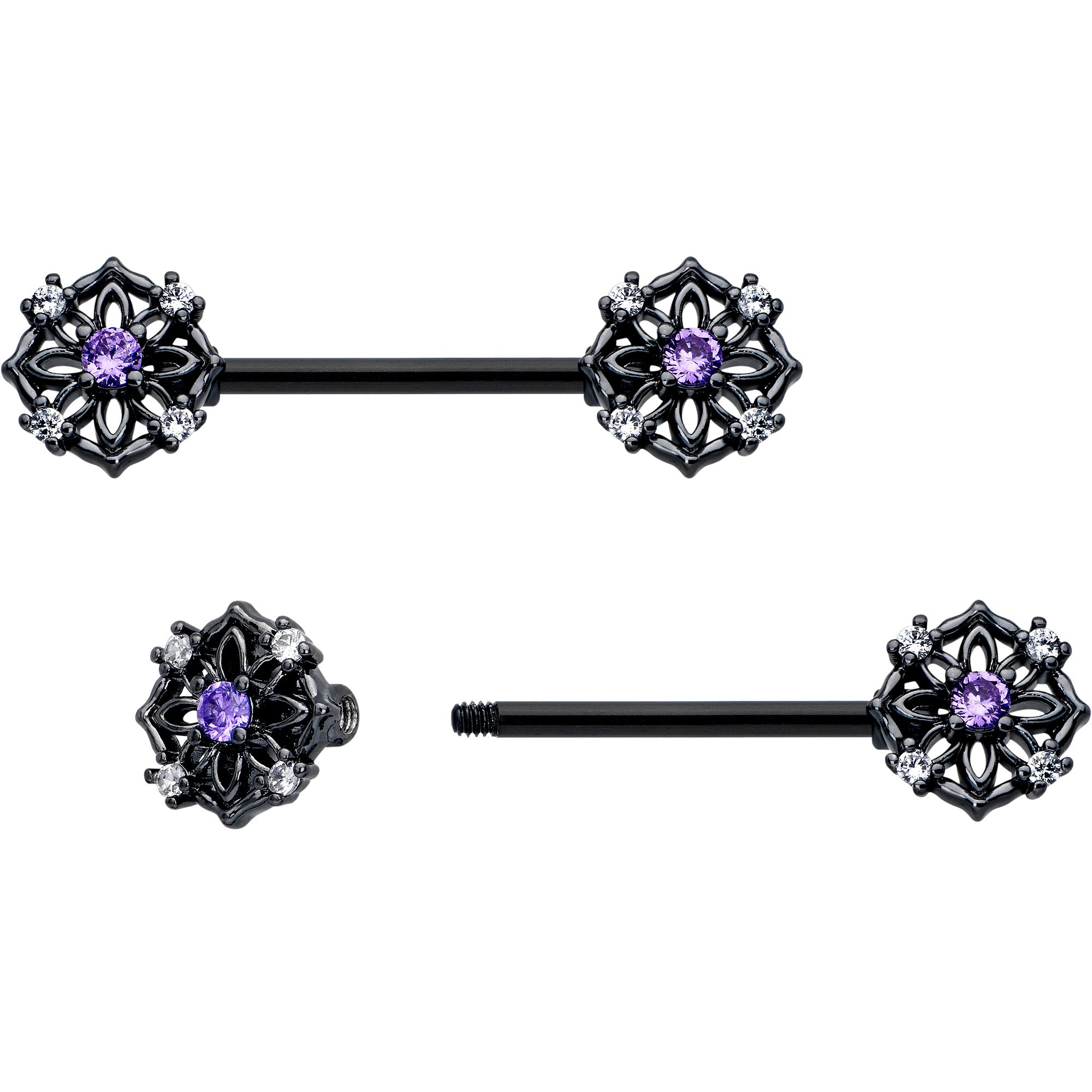 14 gauge purple CZ gem black flower ring barbell nipple ring