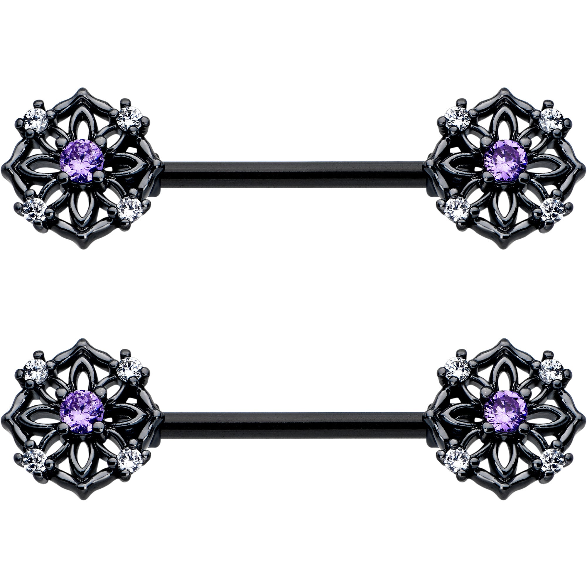 black flower barbell nipple ring with purple CZ gem