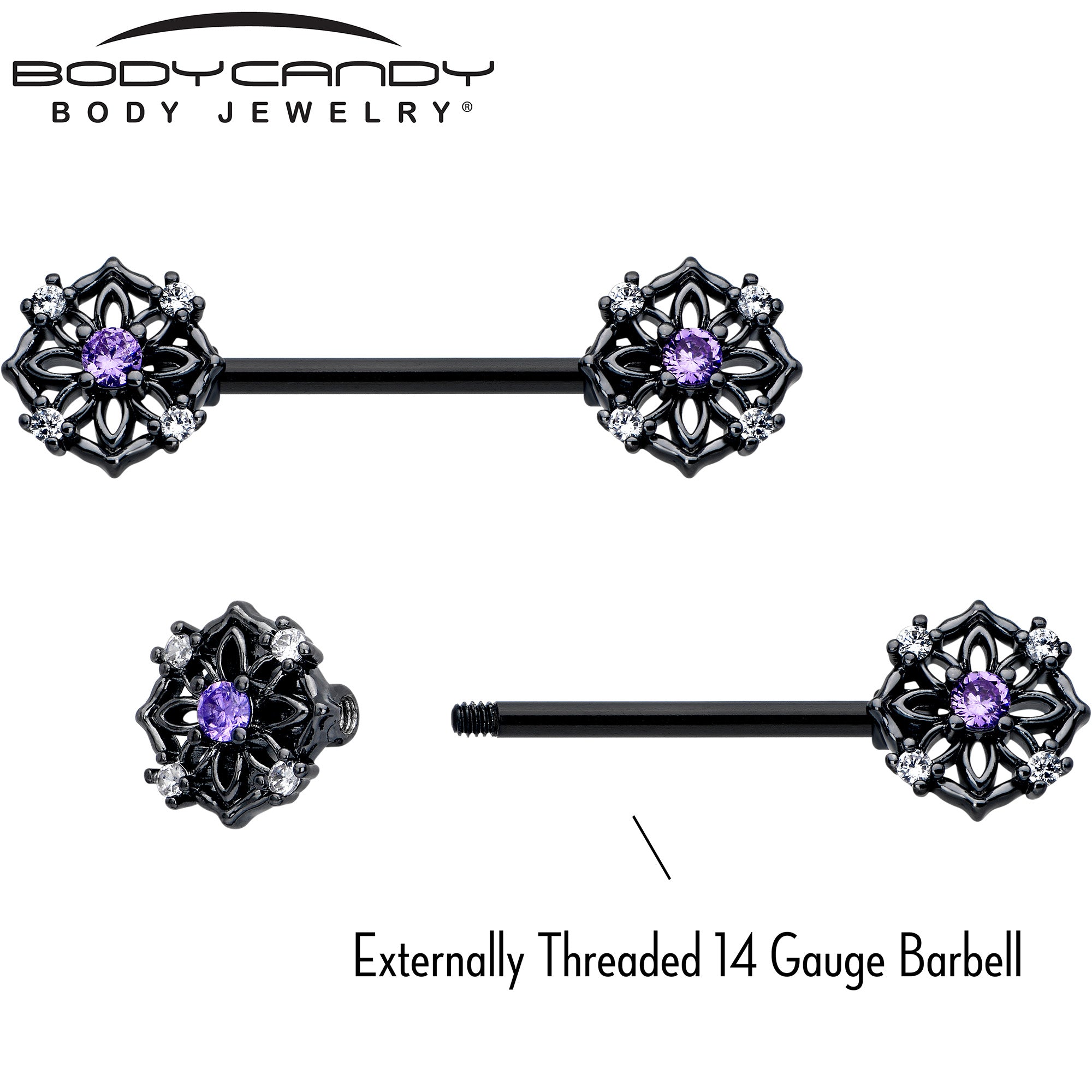 9/16 inch purple CZ gem nipple ring set