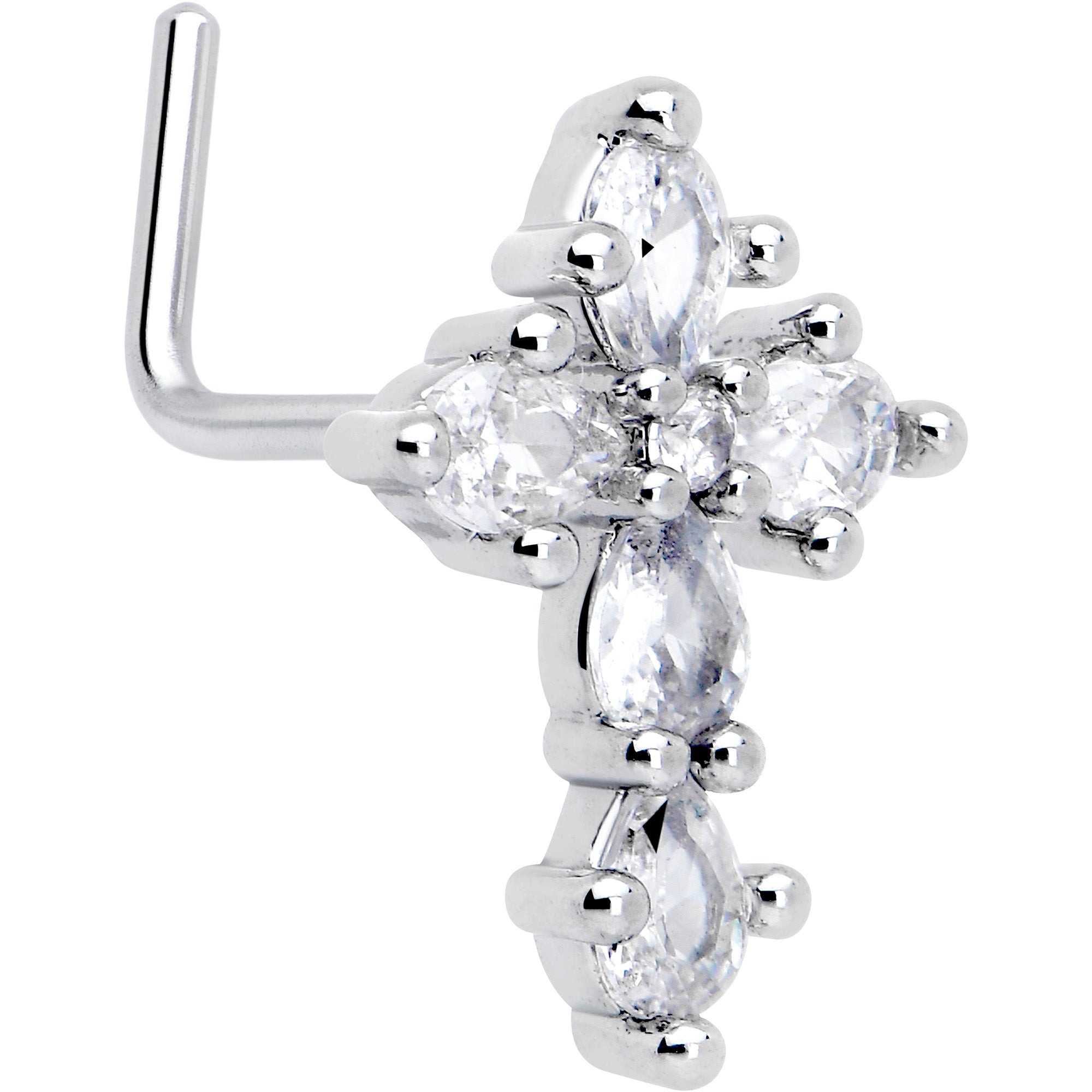 20 gauge nose ring with clear CZ gem cross dangle design