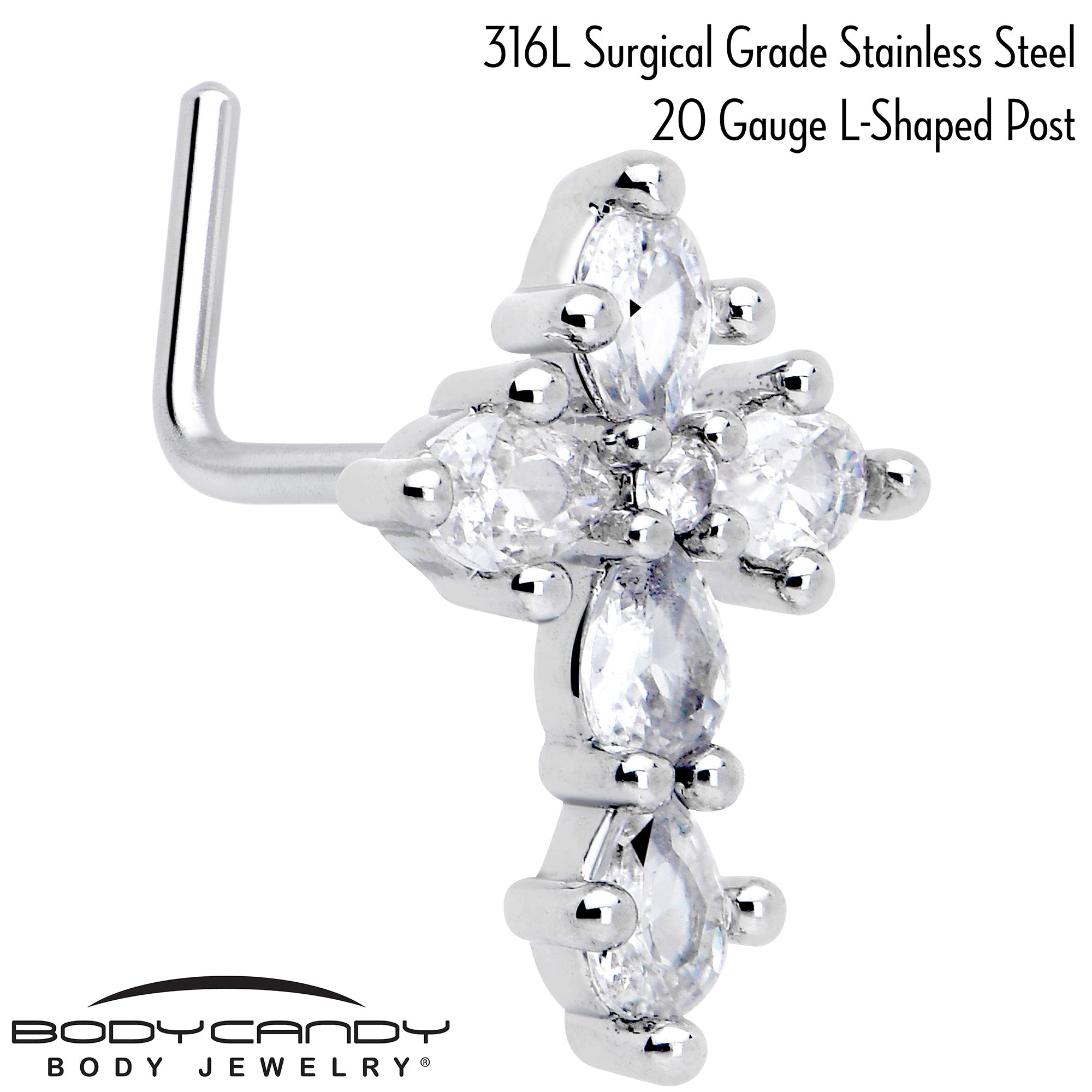 L-shaped nose ring featuring 7mm clear CZ cross gemstone