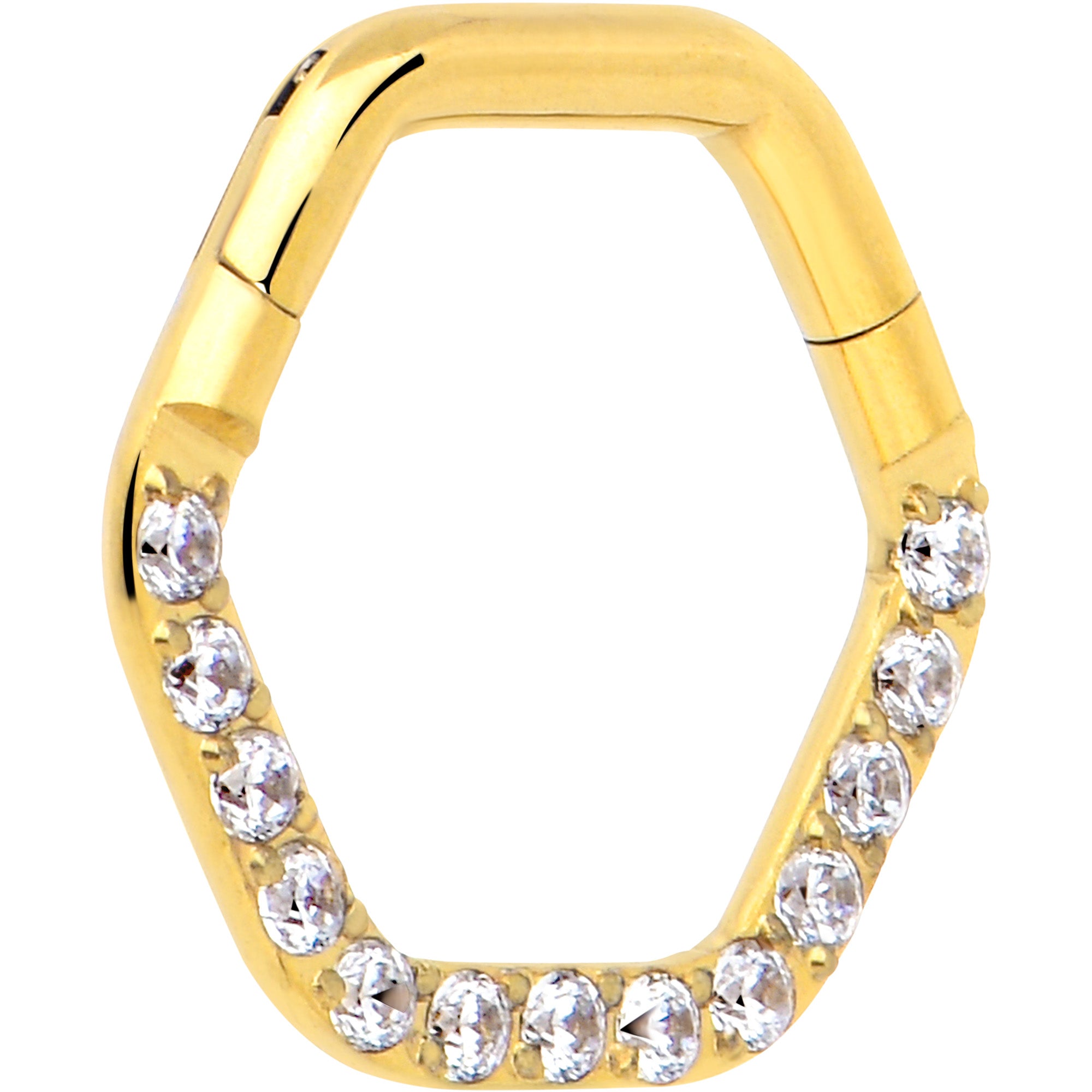 Clear CZ Gem Gold Tone Hexagon Segment Ring, 16 Gauge