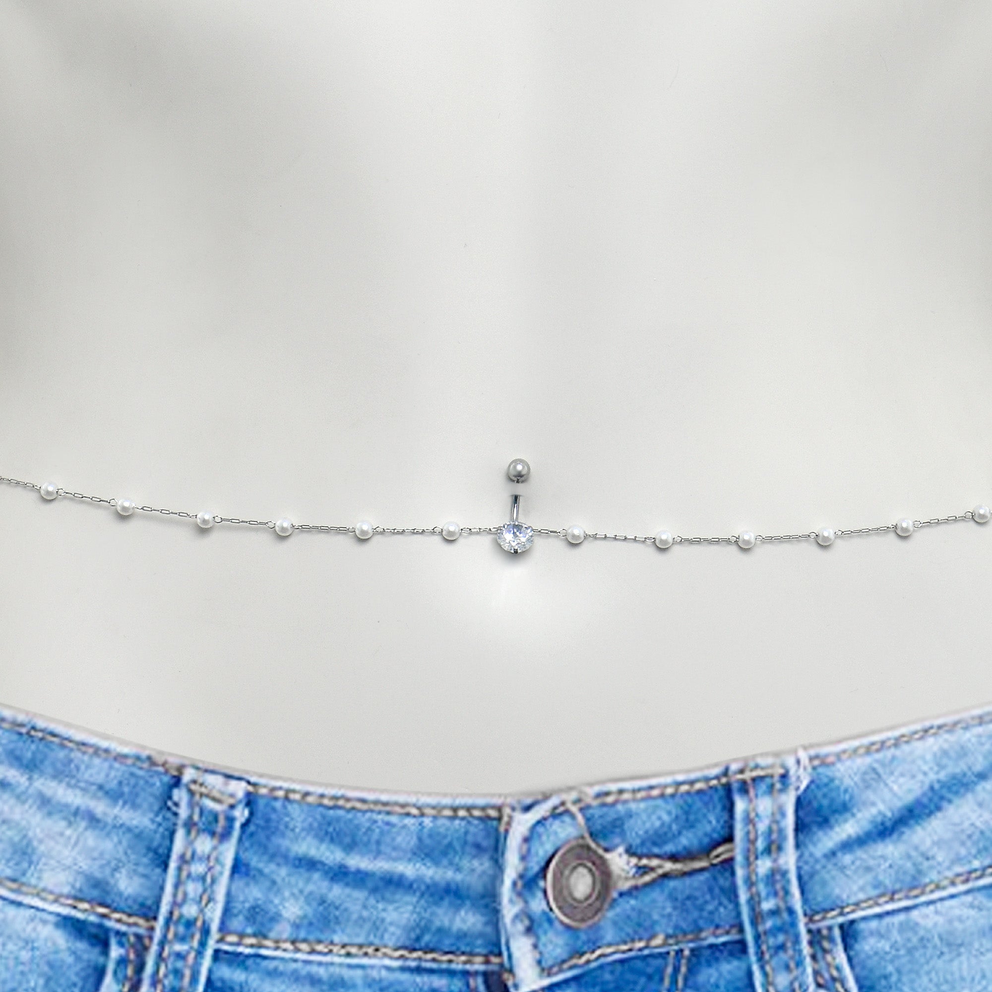 Clear CZ Gem Simple Elegance Faux Pearl Belly Ring Belly Chain