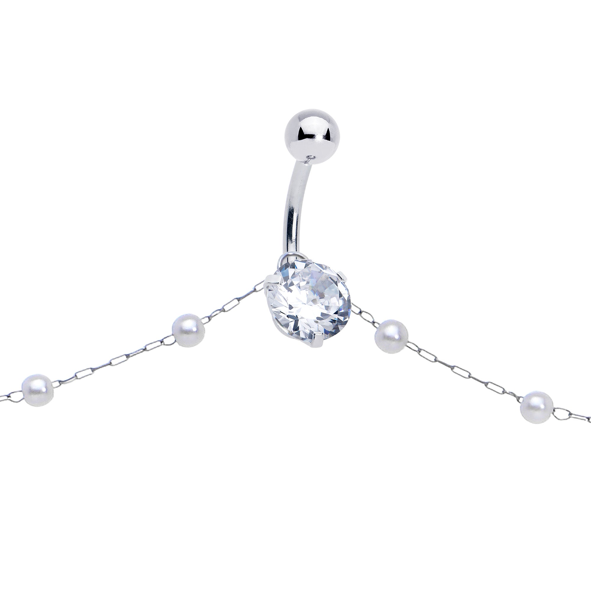 Clear CZ Gem Simple Elegance Faux Pearl Belly Ring Belly Chain