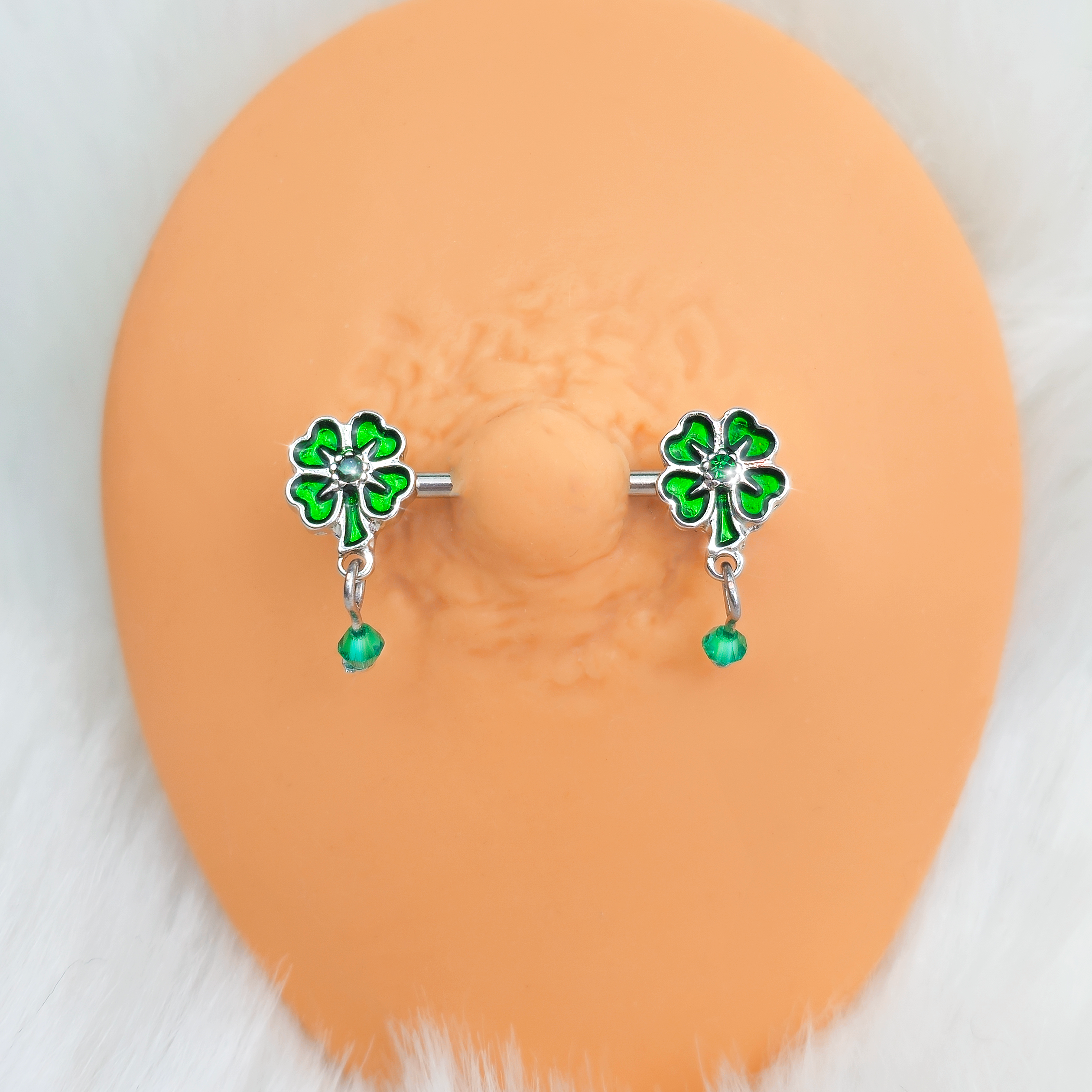 14 Gauge 9/16 Green Gem Shamrock Glam St Patricks Dangle Nipple Ring Set