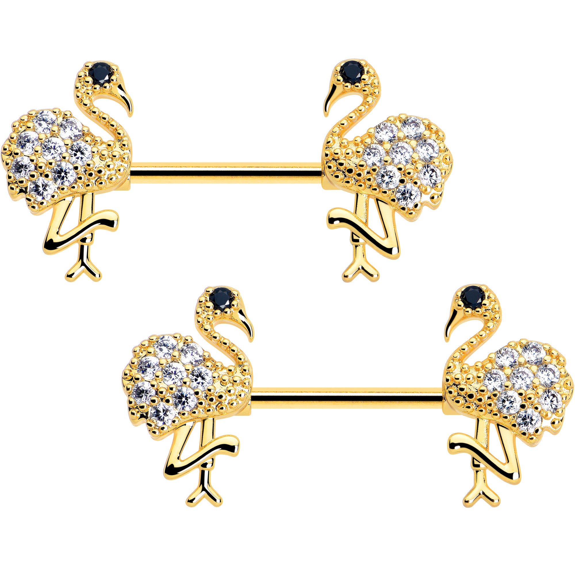 14 Gauge 9/16 CZ Gem Fashion Flamingo Barbell Nipple Ring Set