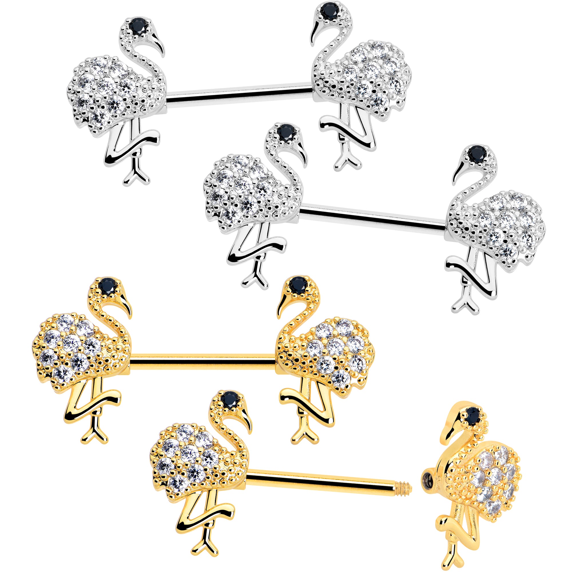 14 Gauge Clear CZ Gem Flamingo Barbell Nipple Rings