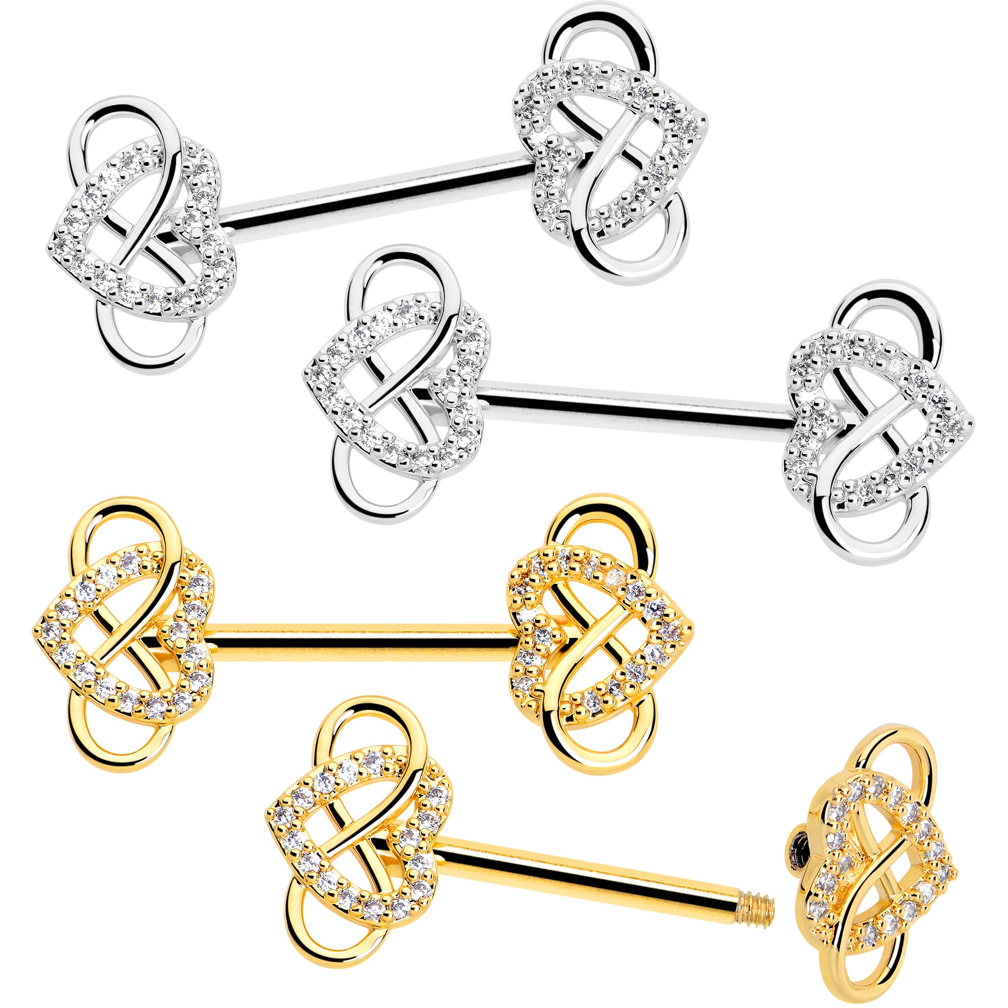 14 Gauge 1/2 Clear CZ Gem Infinity Heart Nipple Ring Set