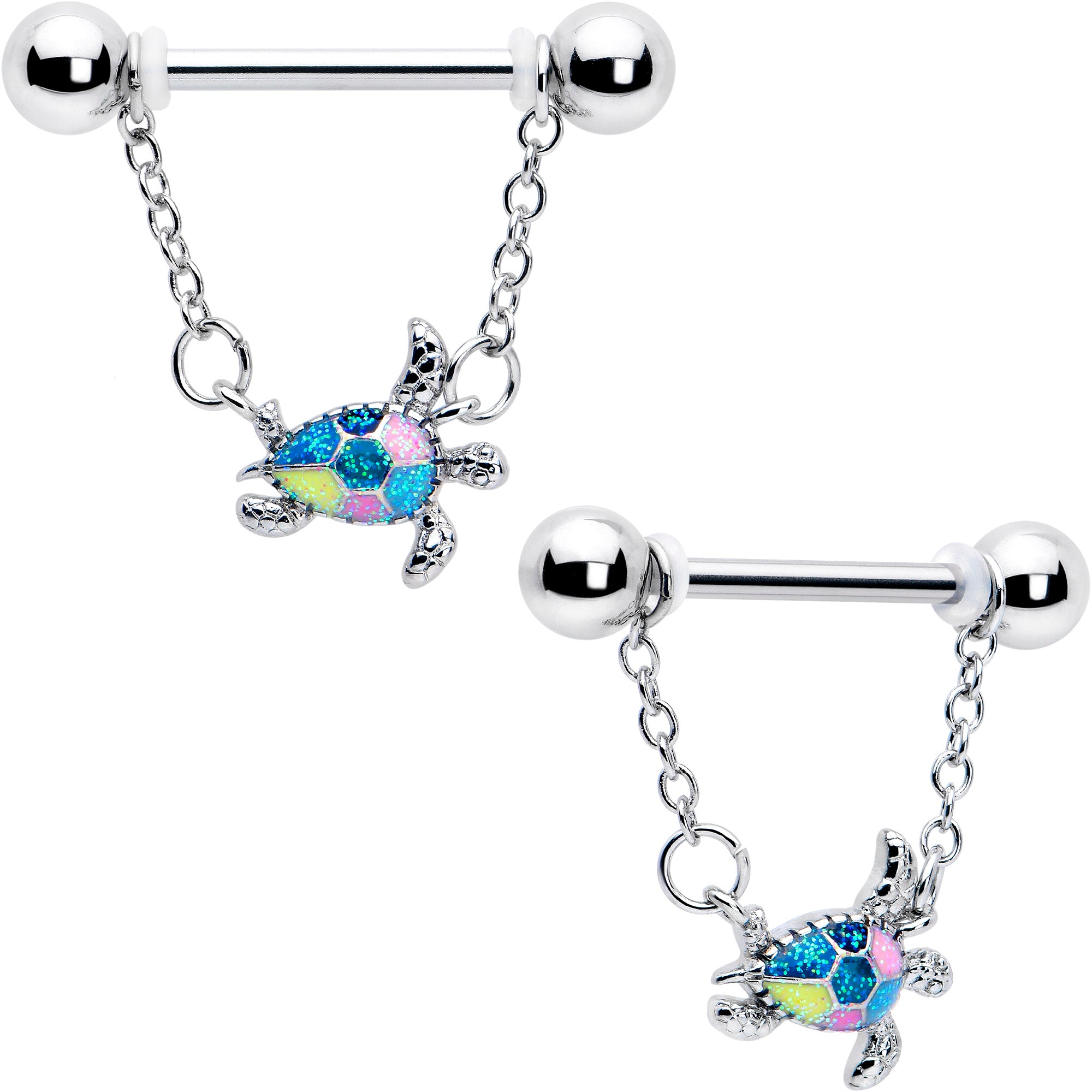 14 Gauge Nipple Ring Set with Glitter Turtle Design